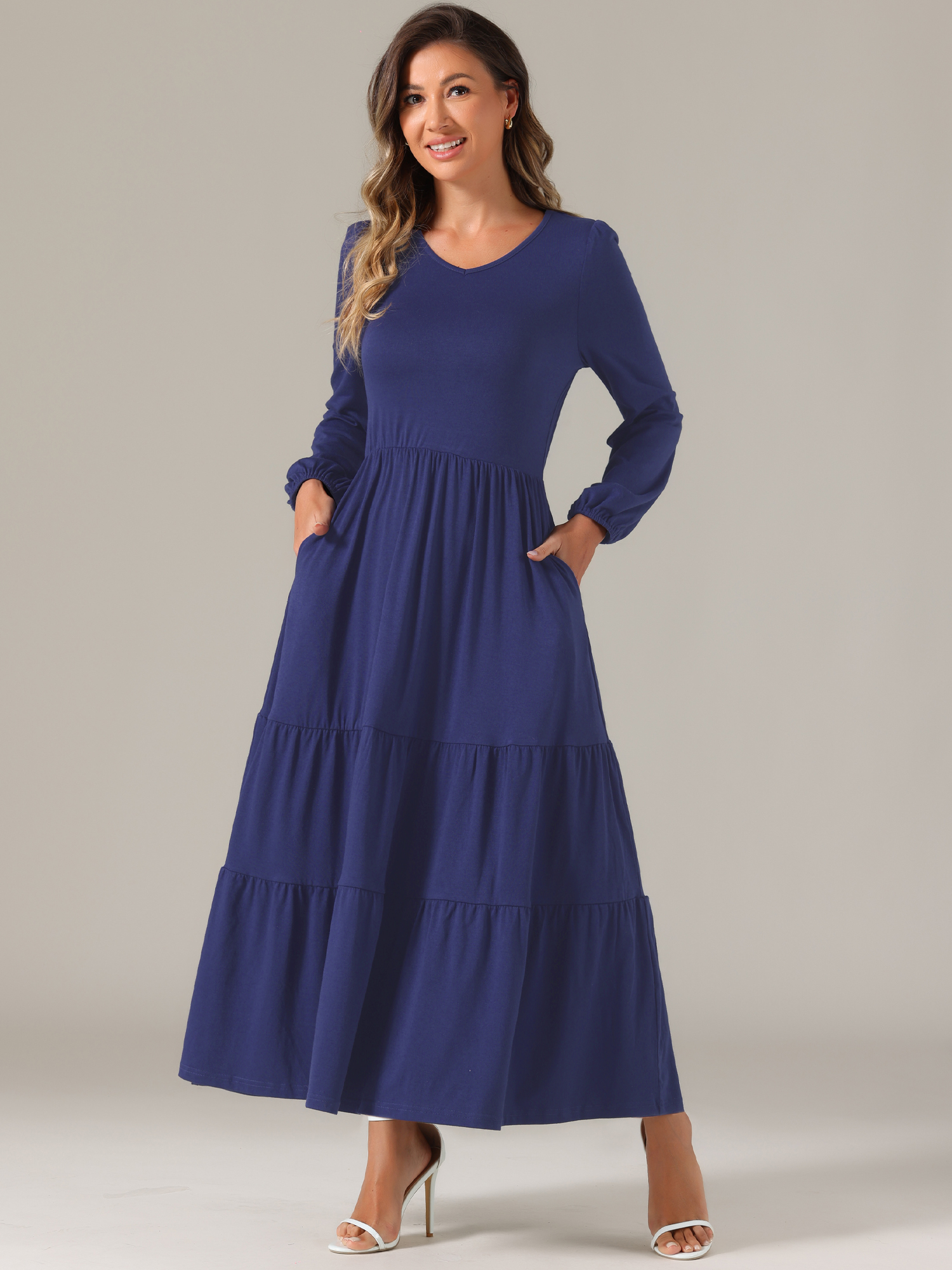 Crew Neck Long Sleeve Pockets Tiered A-Line Maxi Dress Dark Blue/S