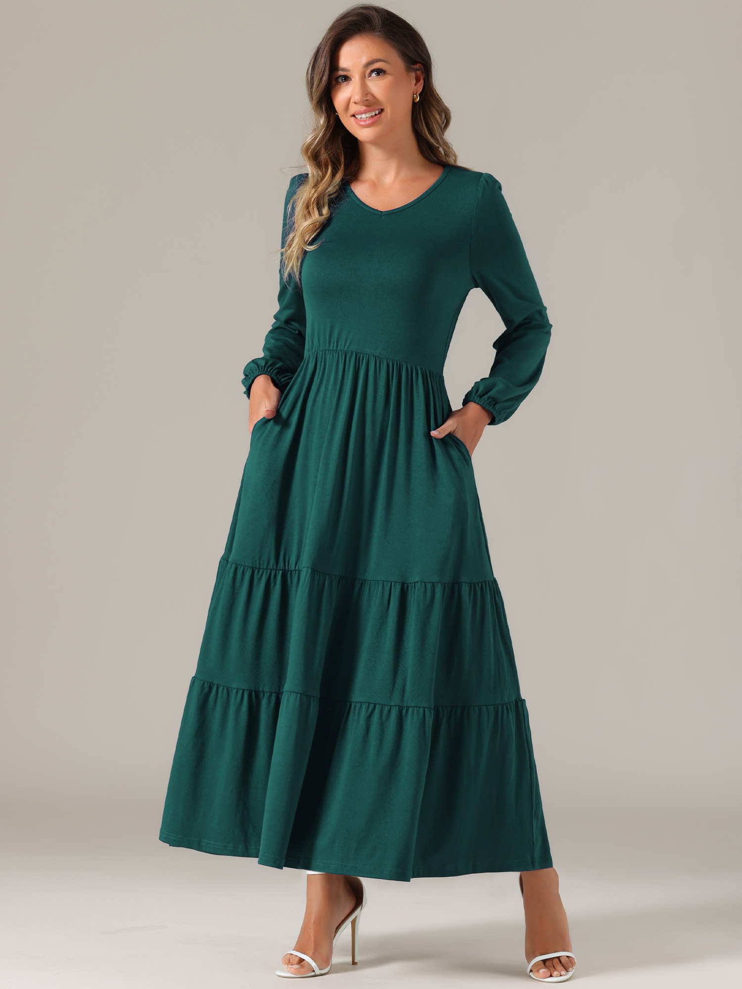 Crew Neck Long Sleeve Pockets Tiered A-Line Maxi Dress Dark Green/XS