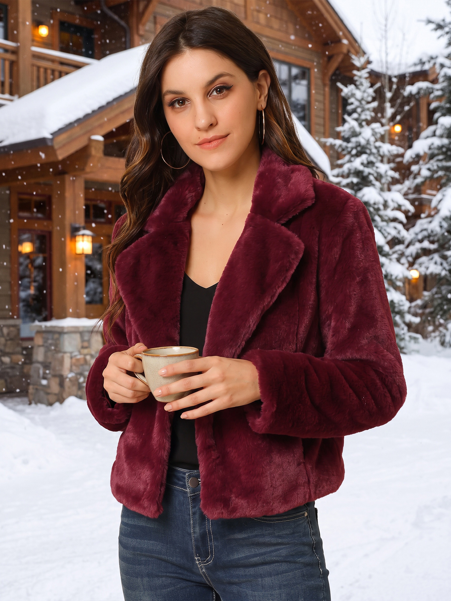 Autumn Winter Cropped Jacket Notch Lapel Faux Fur Fluffy Coat Burgundy/XS