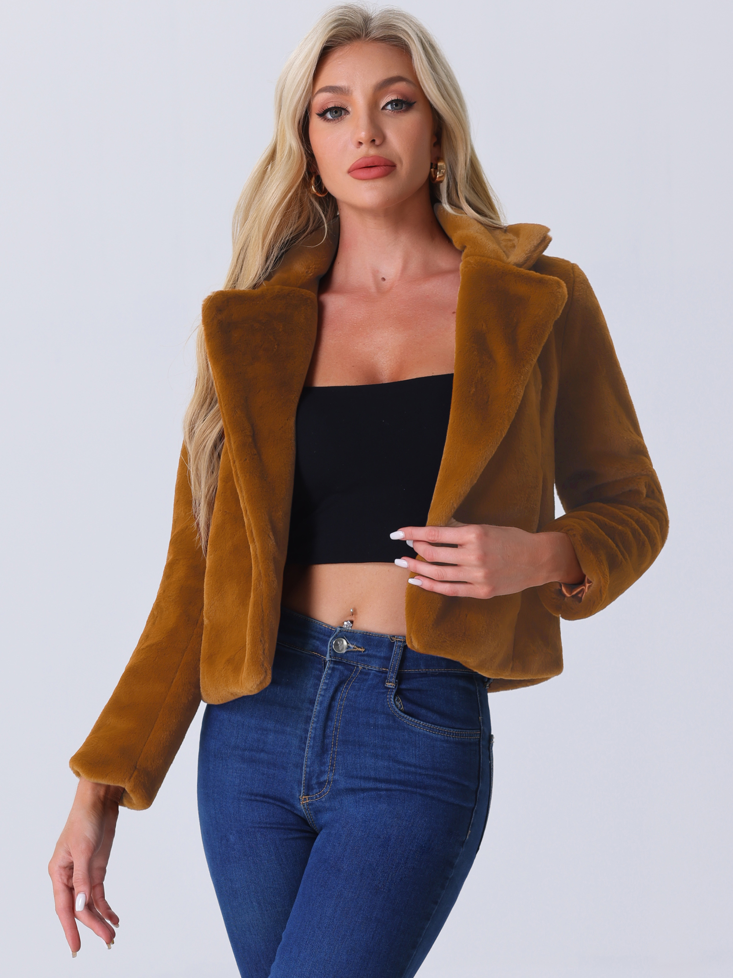 Autumn Winter Cropped Jacket Notch Lapel Faux Fur Fluffy Coat Brown/L