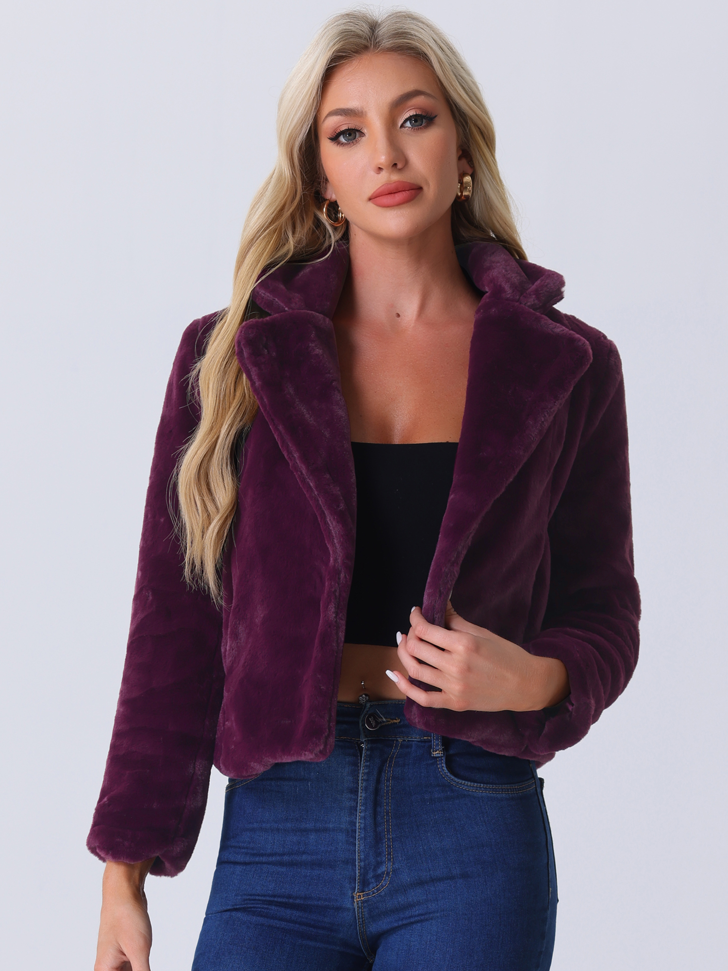Autumn Winter Cropped Jacket Notch Lapel Faux Fur Fluffy Coat Deep Purple/XS
