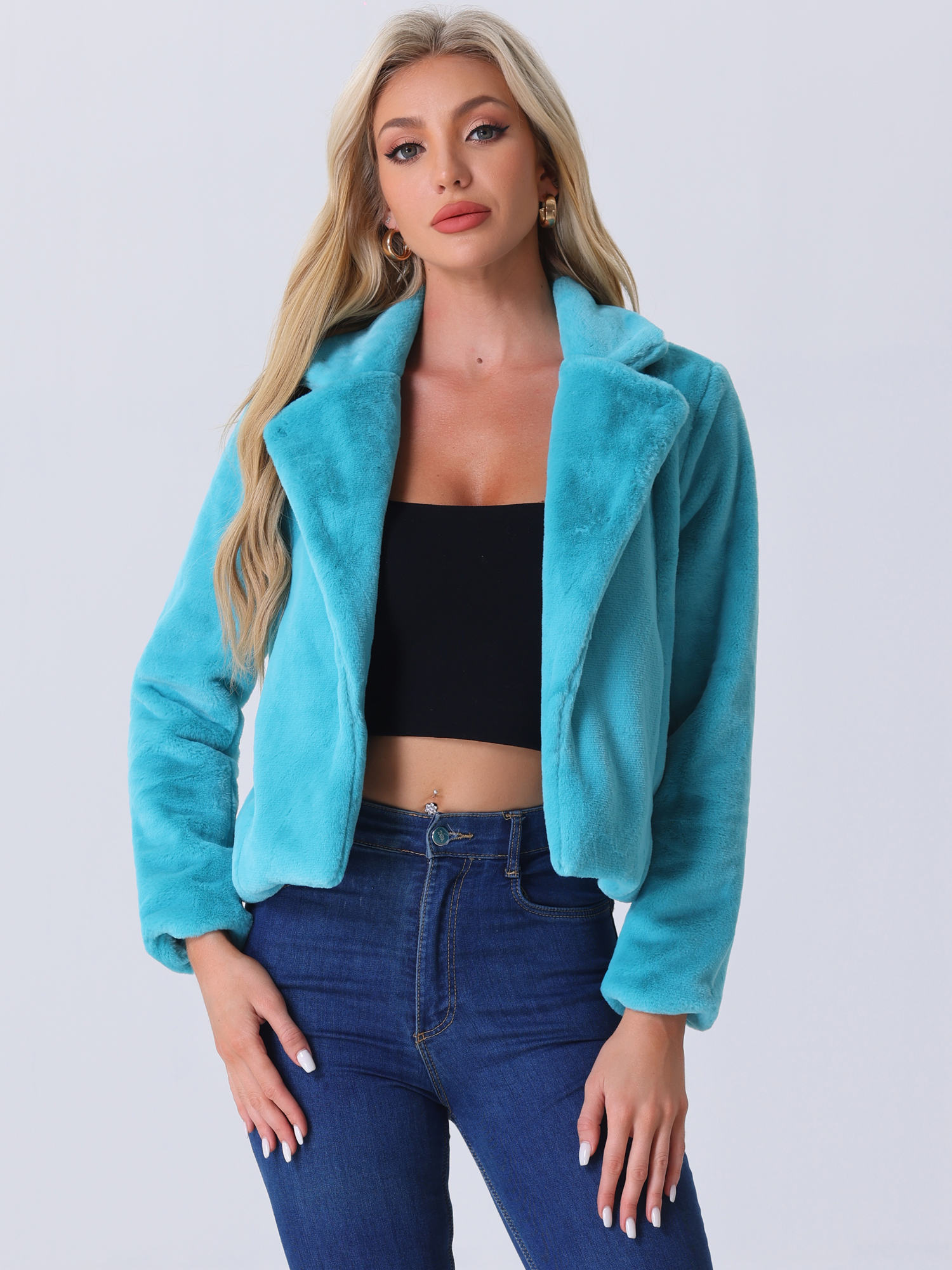 Autumn Winter Cropped Jacket Notch Lapel Faux Fur Fluffy Coat Peacock Blue/M
