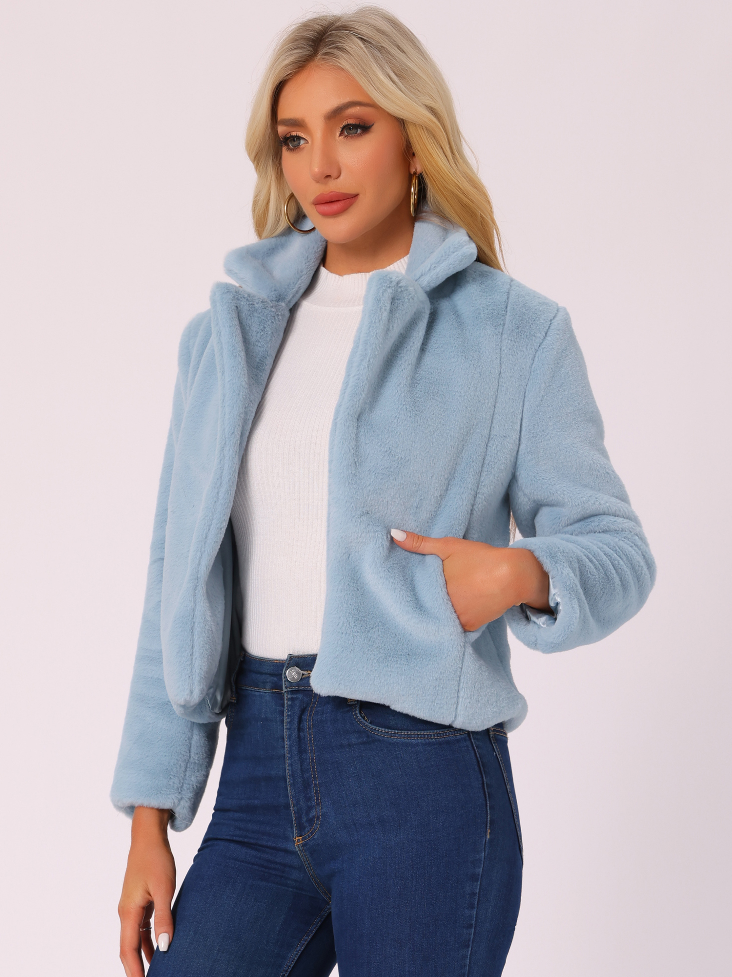 Autumn Winter Cropped Jacket Notch Lapel Faux Fur Fluffy Coat Light Blue/XL