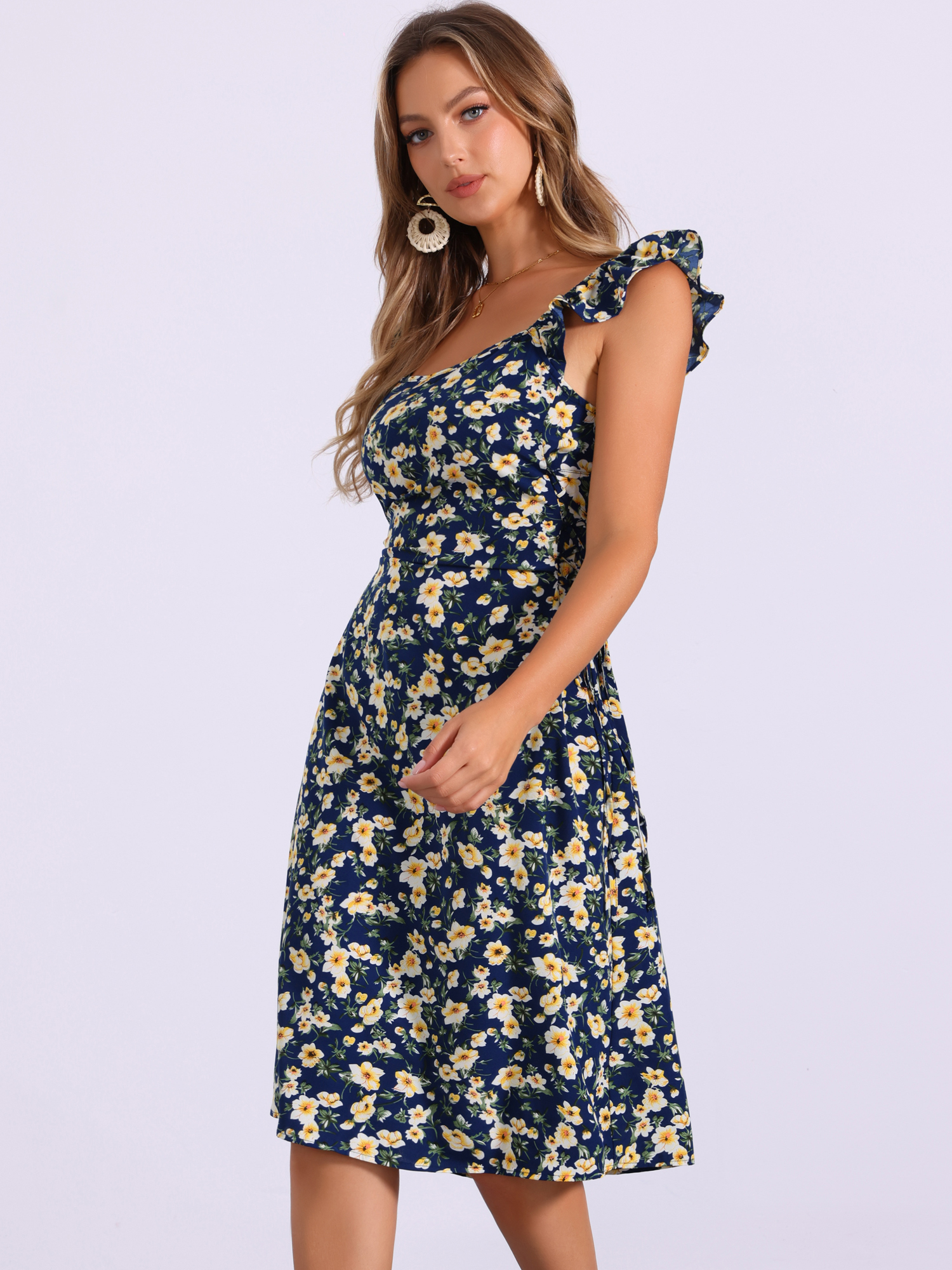 Floral Cherry Print Lace-up Square Neck Ruffle Midi Dress Sundress Blue/XS