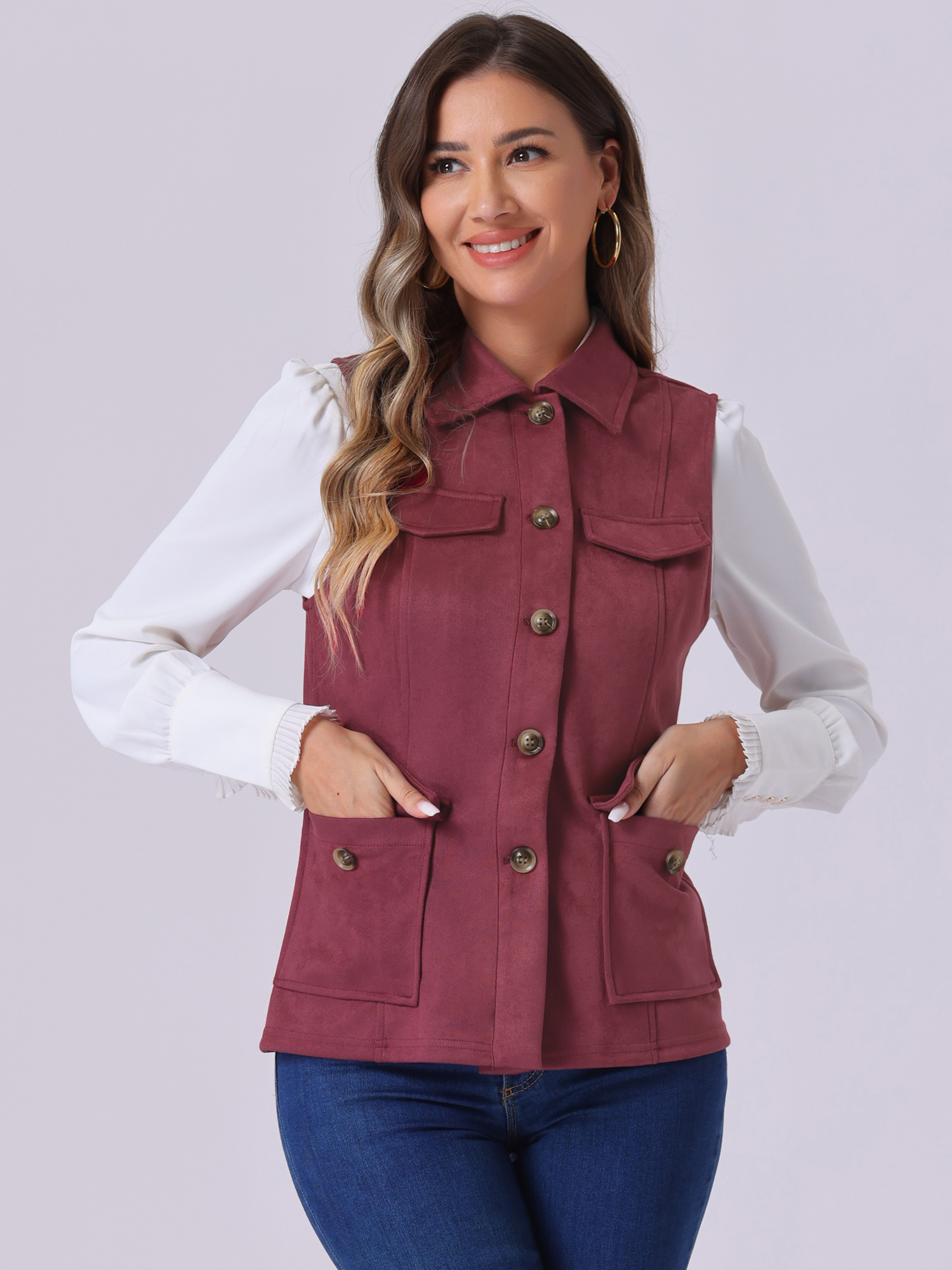 Faux Suede Vest Utility Buttoned Sleeveless Jacket with Cargo Pocket Burgundy/M