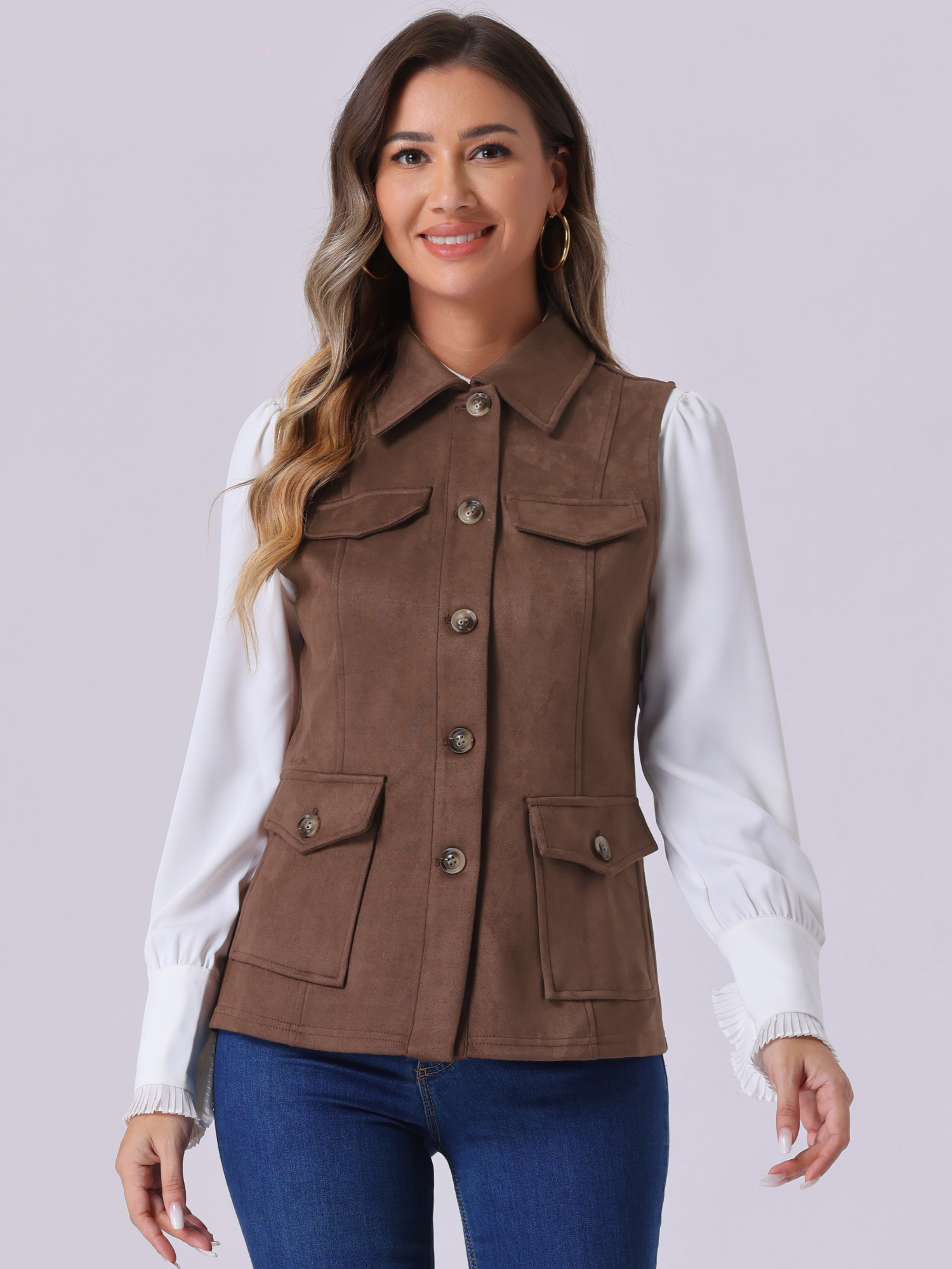 Faux Suede Vest Utility Buttoned Sleeveless Jacket with Cargo Pocket Coffee/M