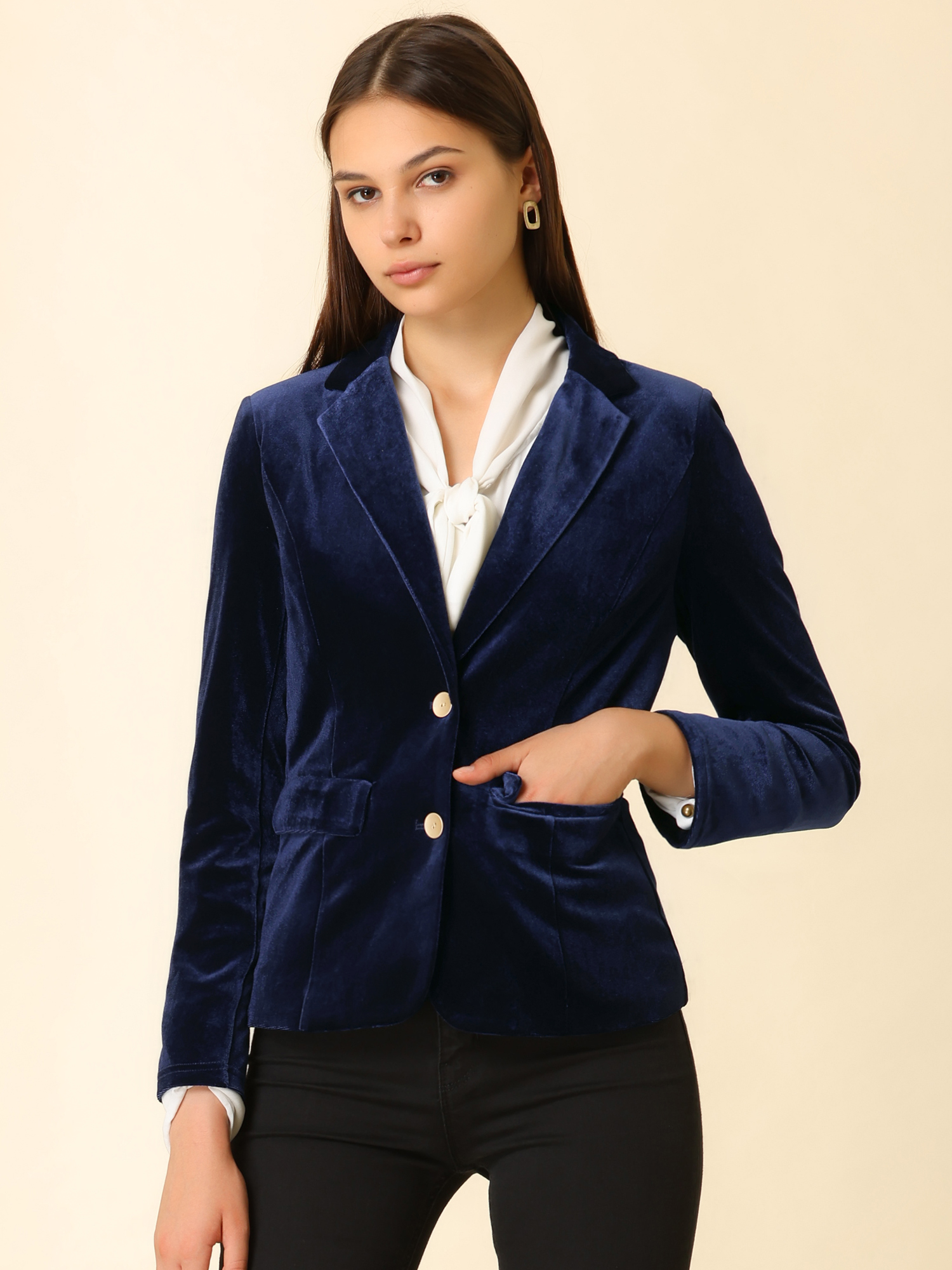 Notched Lapel Vintage Office Button Front Velvet Blazer Dark Blue/3XL