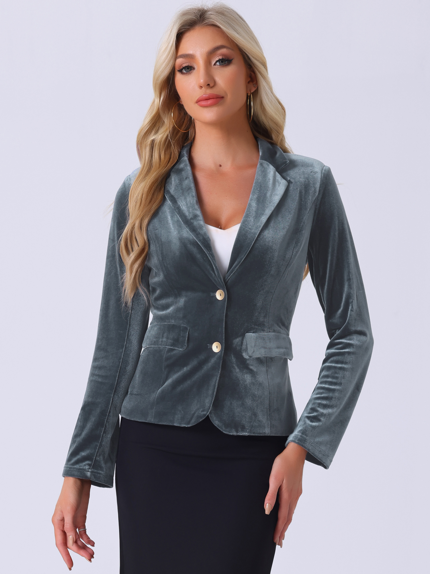 Notched Lapel Vintage Office Button Front Velvet Blazer Dark Grey/S