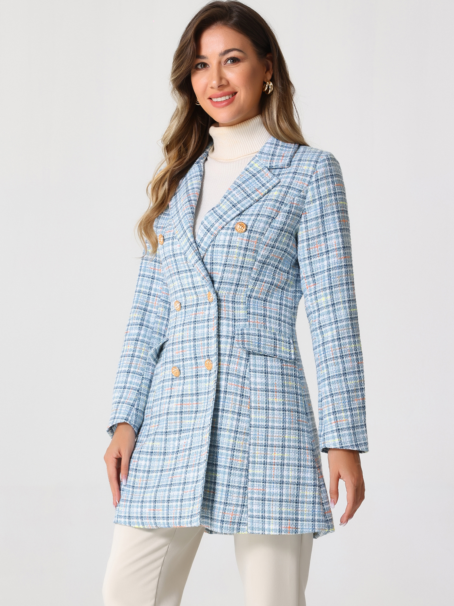 Lapel Collar Elegant Double Breasted Plaid Tweed Coat Blue/M