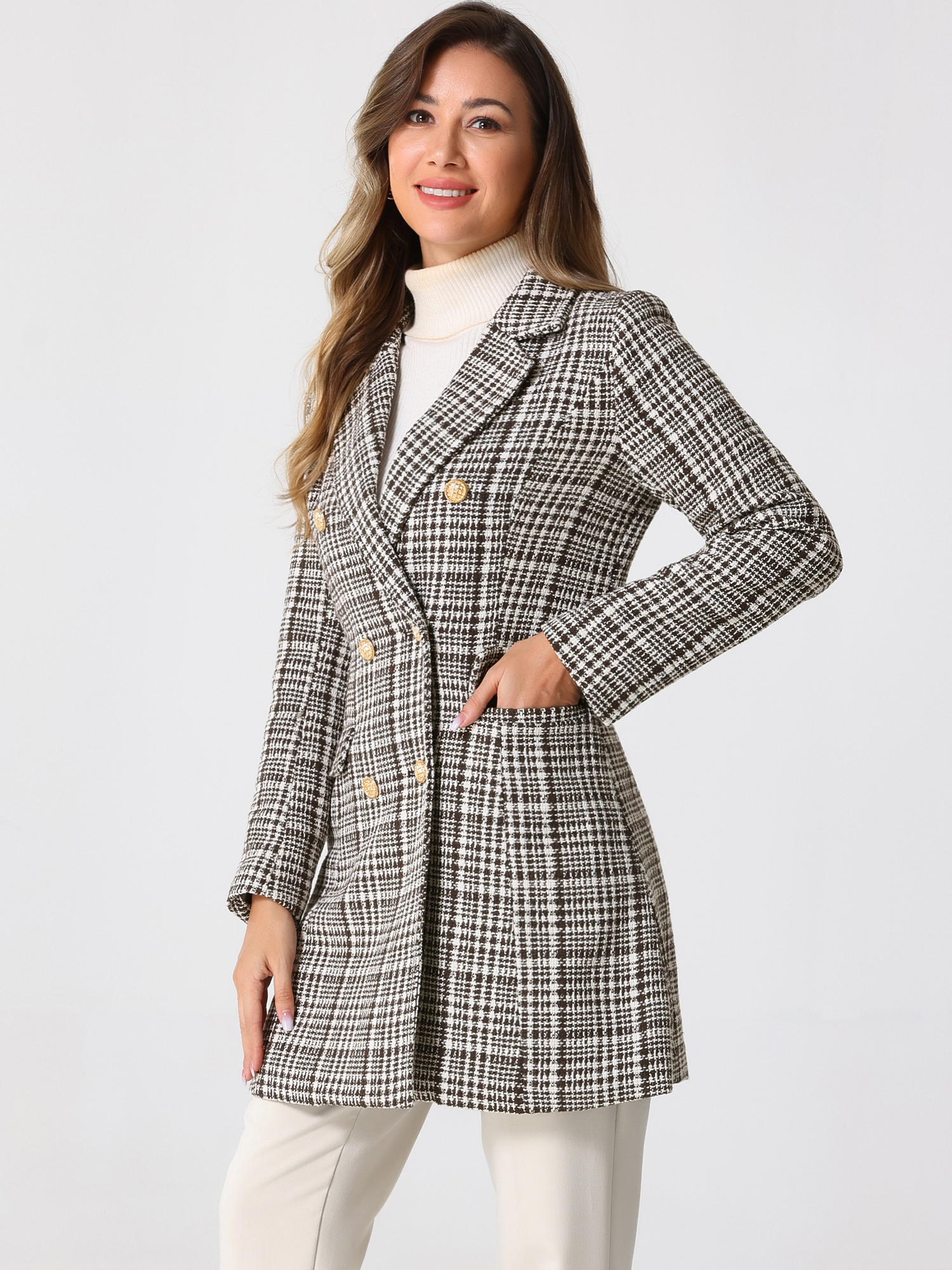 Lapel Collar Elegant Double Breasted Plaid Tweed Coat Brown/XS