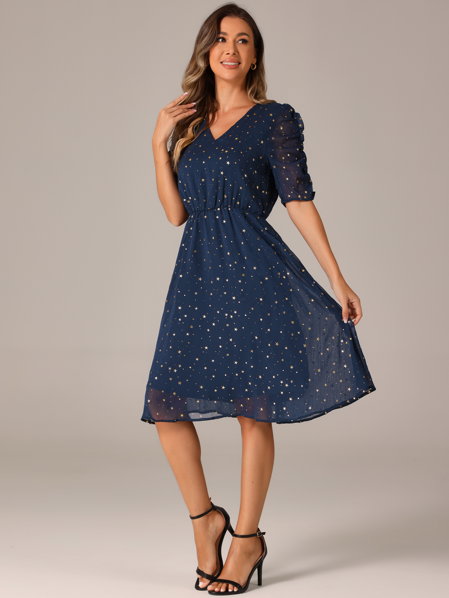 Metallic Stars Ruched Sleeve V Neck A-line Chiffon Dress Navy/S