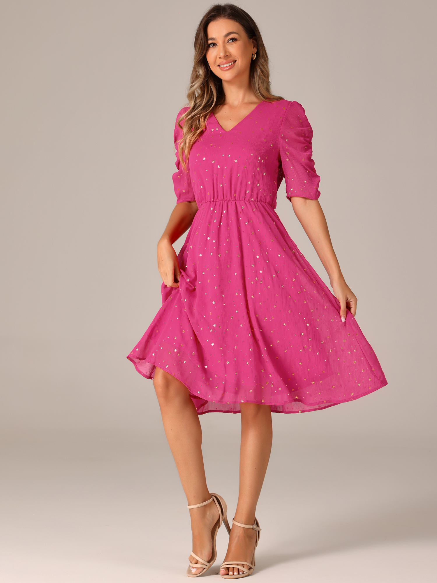 Metallic Stars Ruched Sleeve V Neck A-line Chiffon Dress Hot Pink/XS
