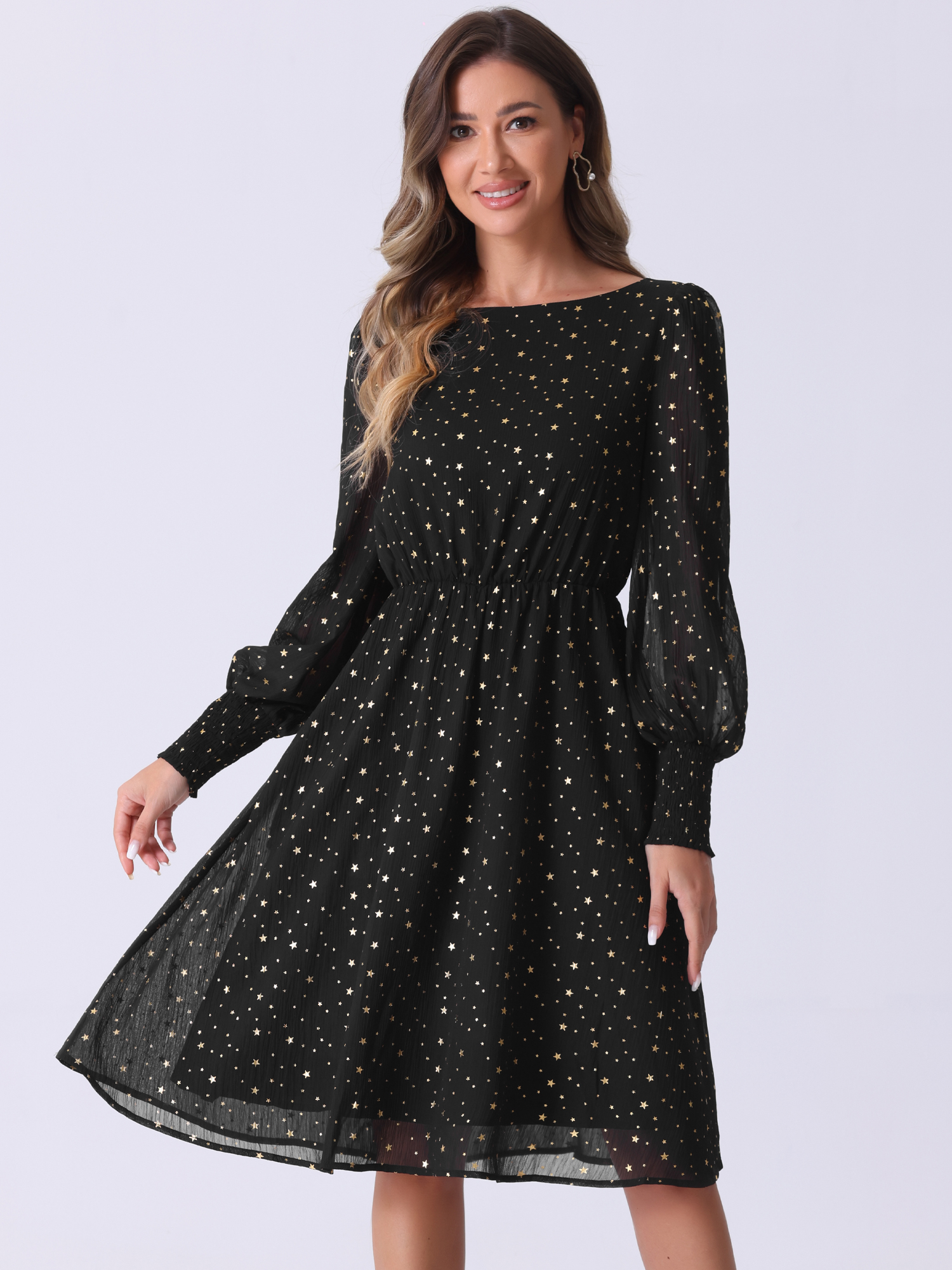 Puff Long Sleeve Metallic Stars Boat Neck Pockets Mesh Midi Dress Black/L
