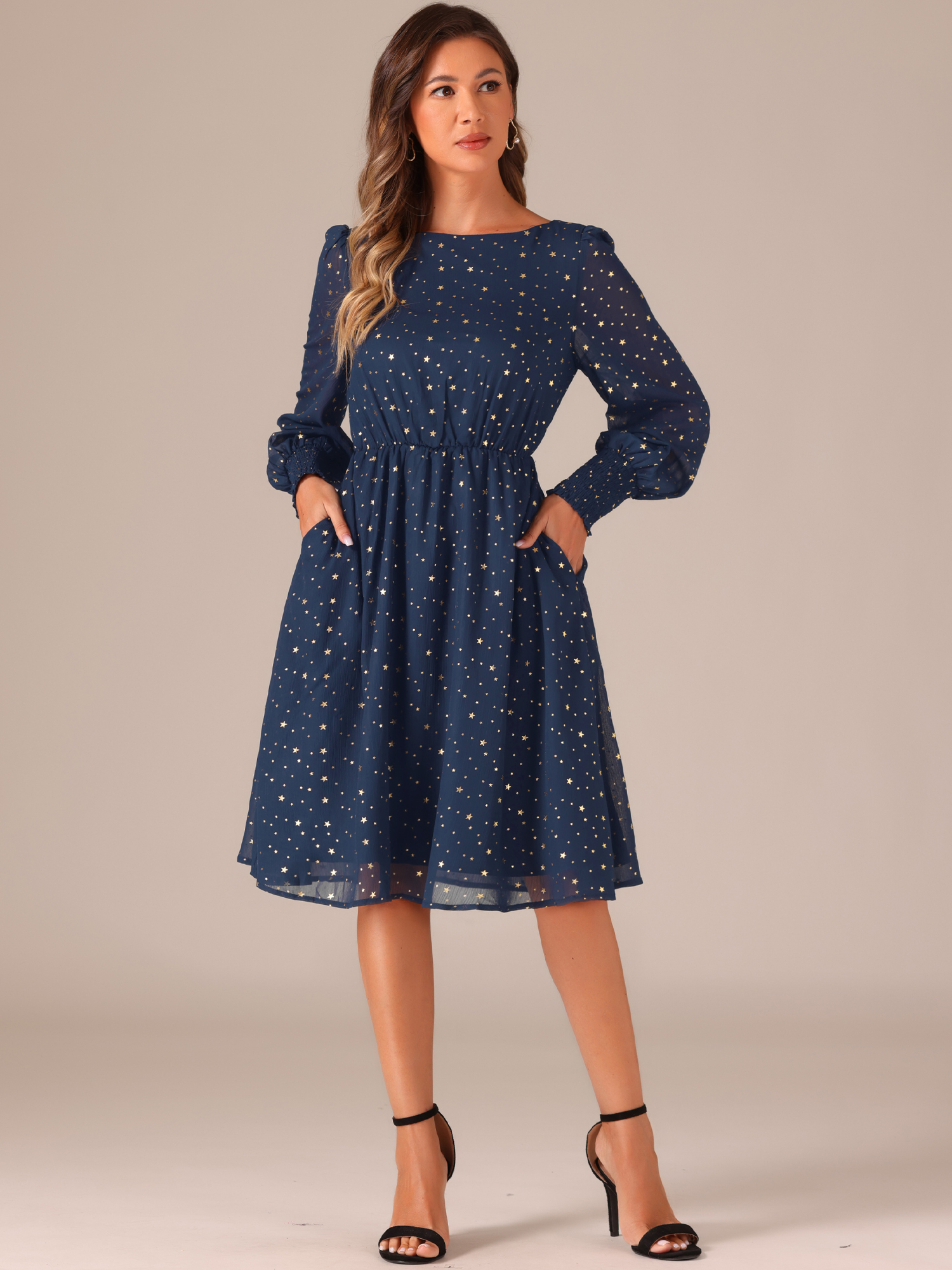 Puff Long Sleeve Metallic Stars Boat Neck Pockets Mesh Midi Dress Dark Blue/M