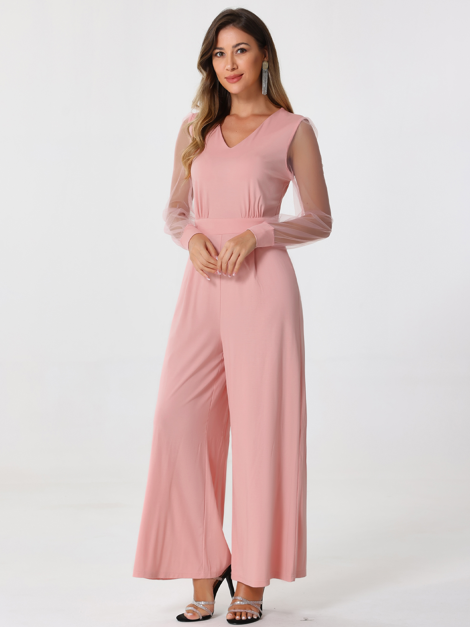 Elegant V Neck Mesh Long Sleeve Loose Wide Leg Jumpsuits Pink/M