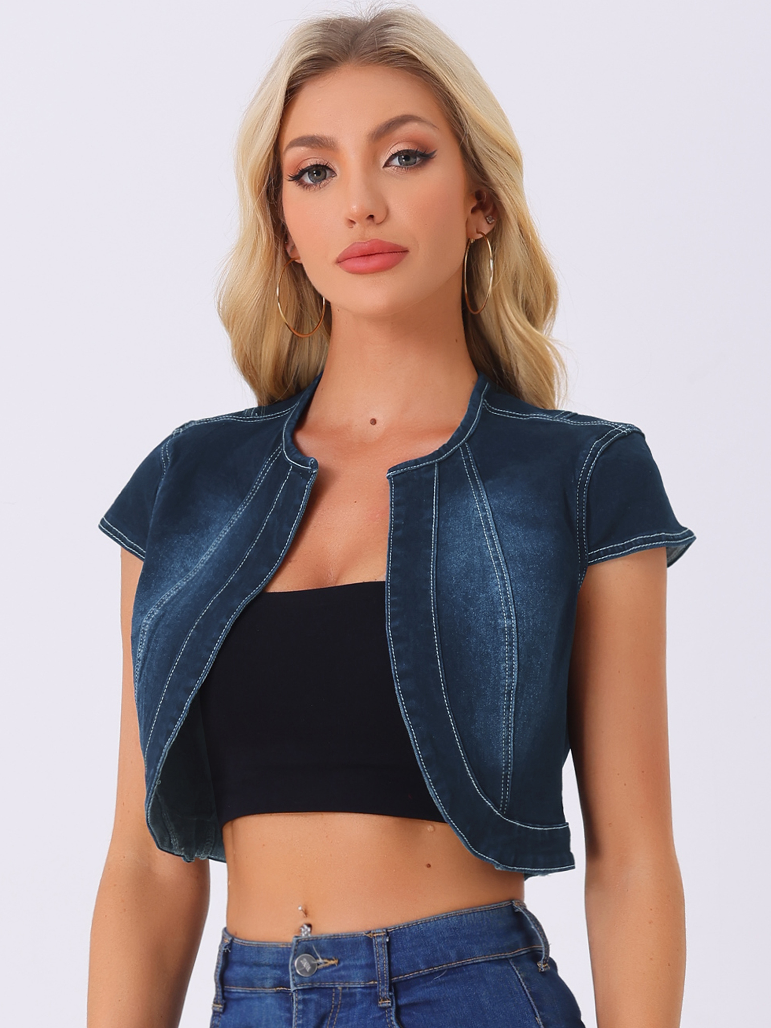 Crop Denim Cap Sleeve Slim Fit Summer Jean Jacket Black Blue/XL