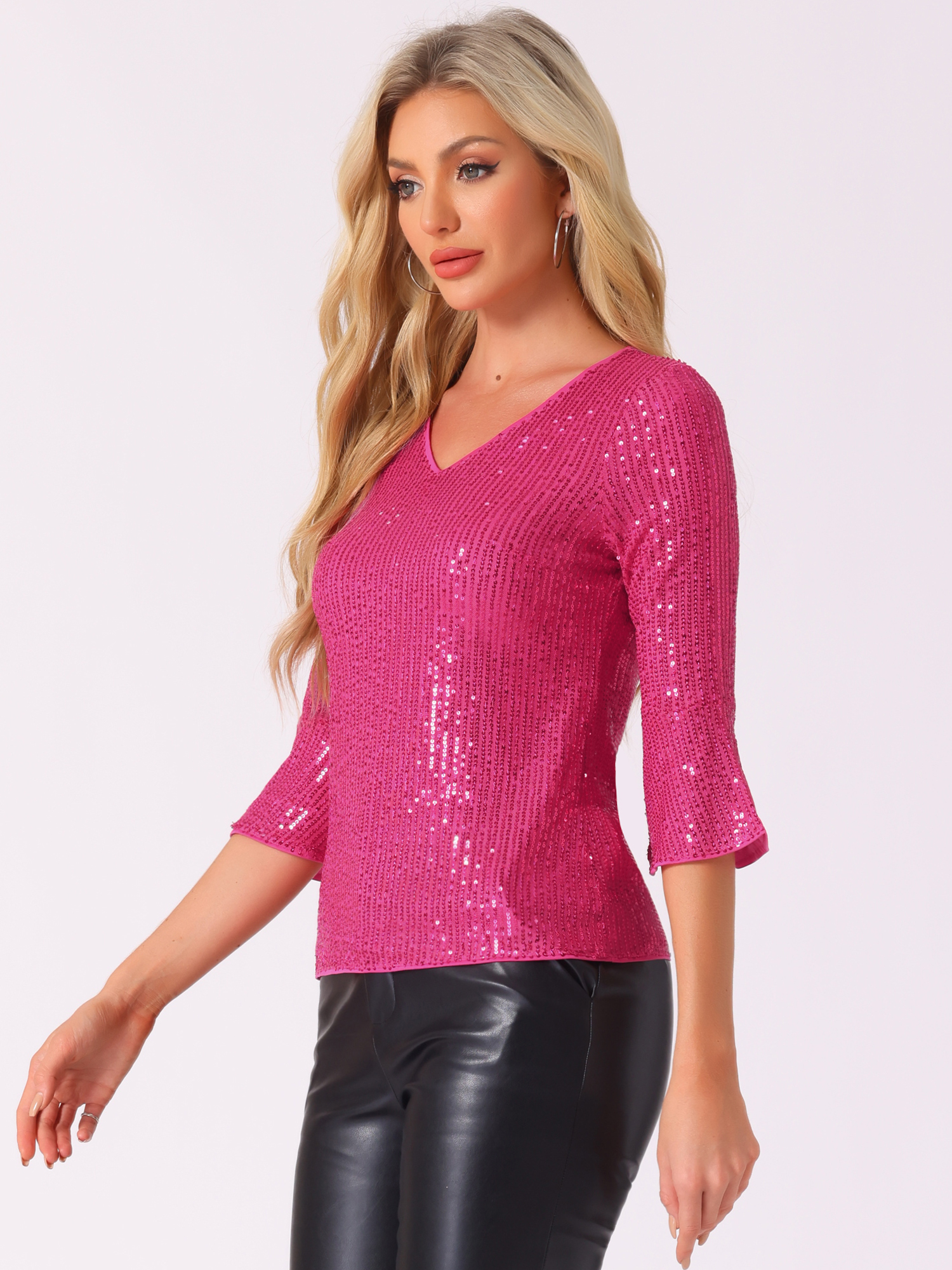 Sequin 3/4 Bell Sleeve V Neck Sparkly Glitter Party Blouse Hot Pink/M