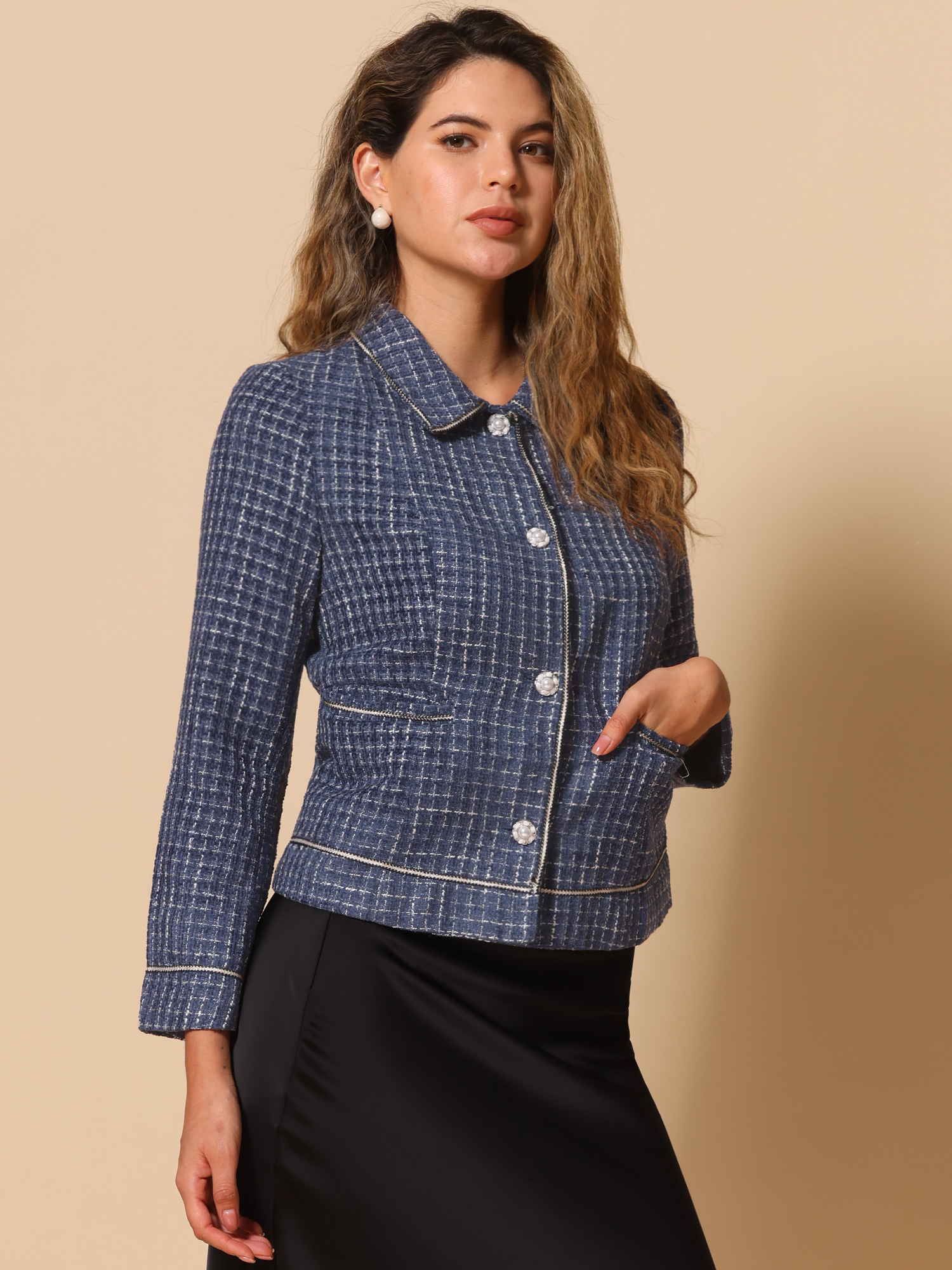 Collared Long Sleeve Contrast Trim Button Down Work Short Jacket Navy Blue/XL