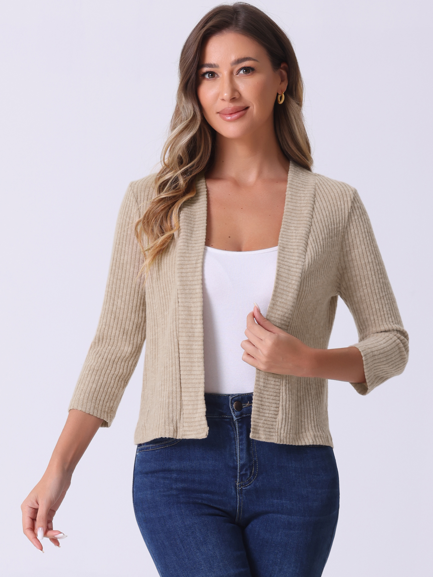 Open Front 3/4 Sleeves Knit Casual Cropped Cardigan Camel/M