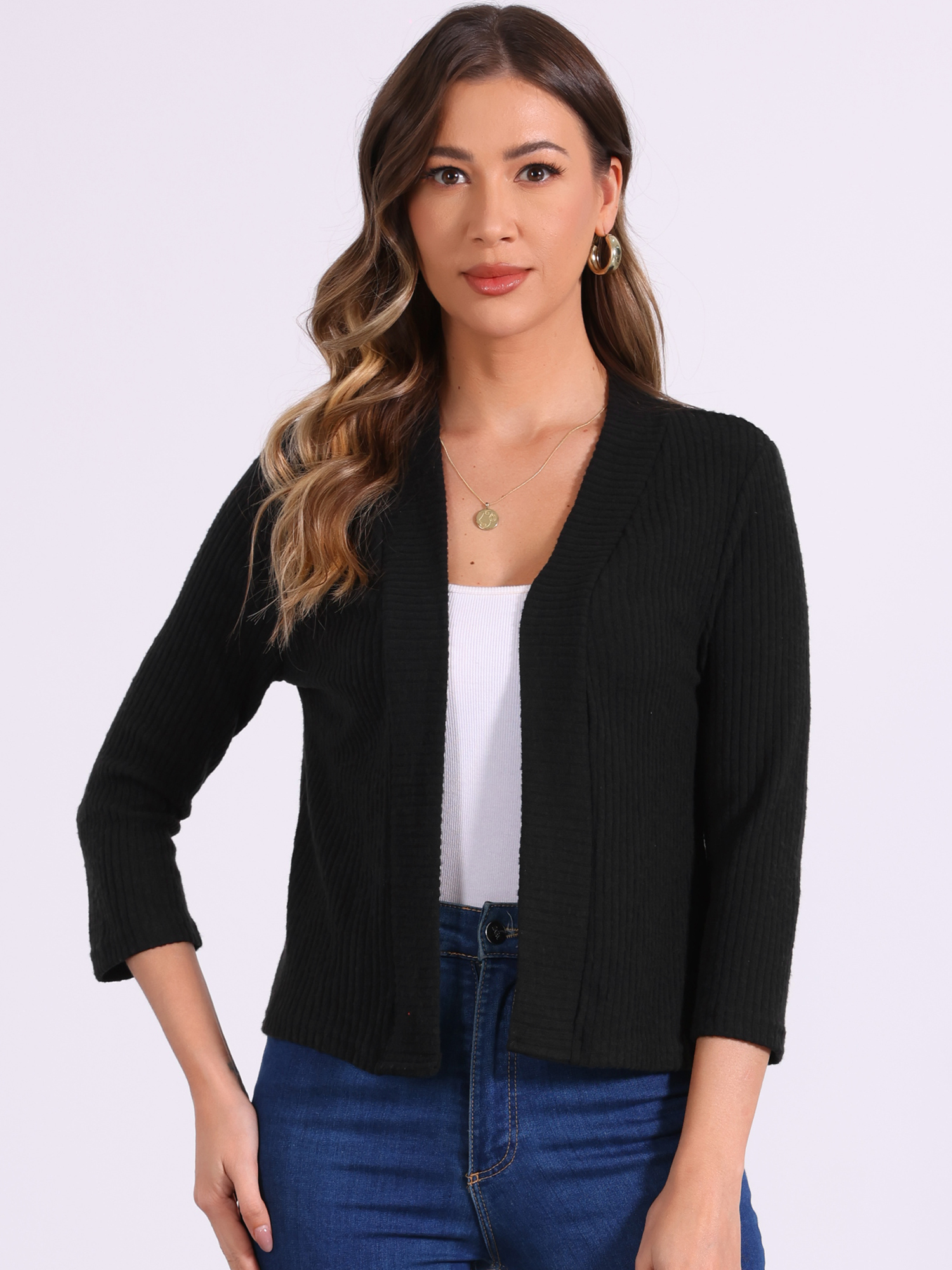Open Front 3/4 Sleeves Knit Casual Cropped Cardigan Black/XL