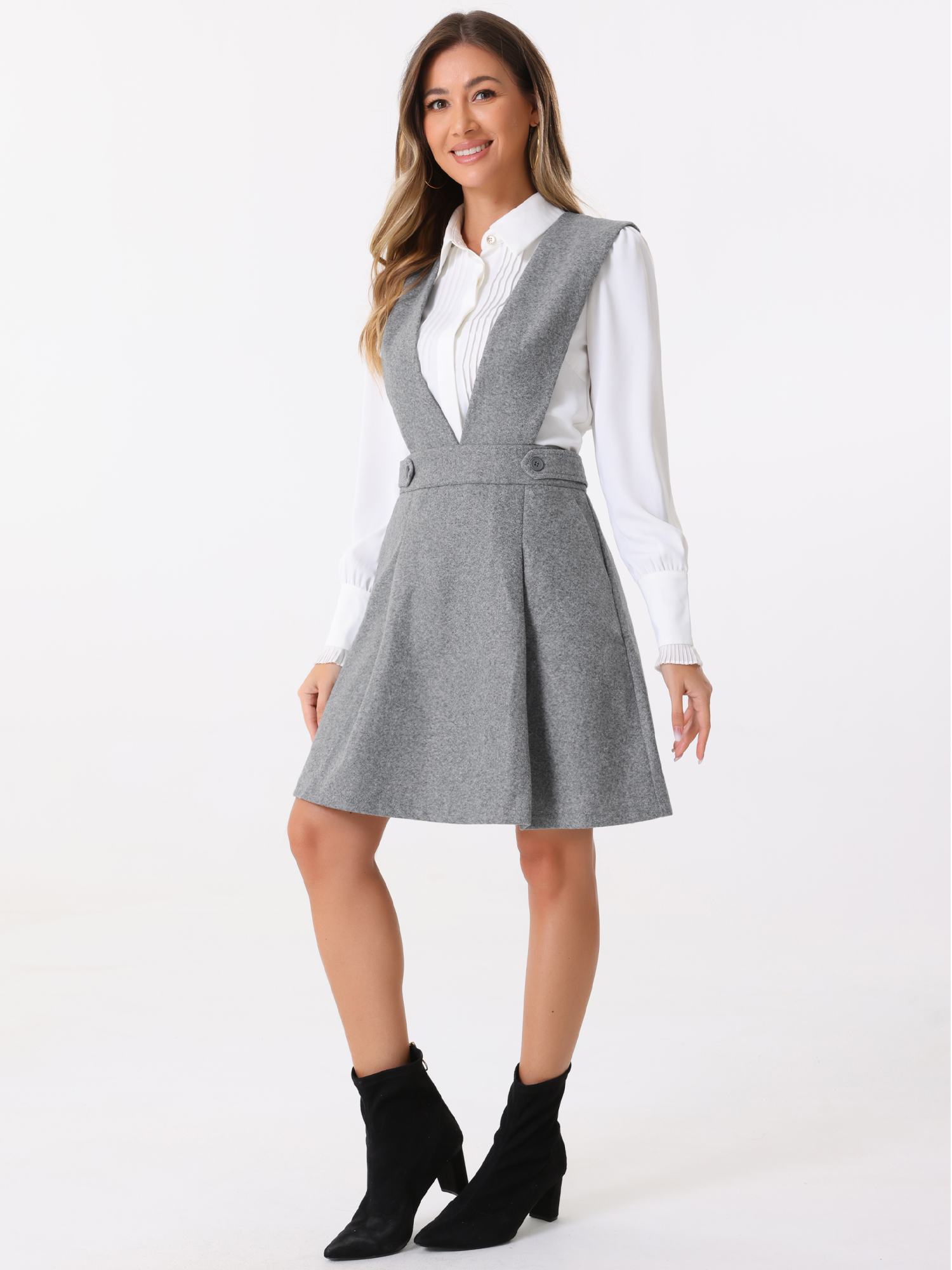 A-Line Above Knee Pinafore Overalls Suspenders Skirt Gray/S