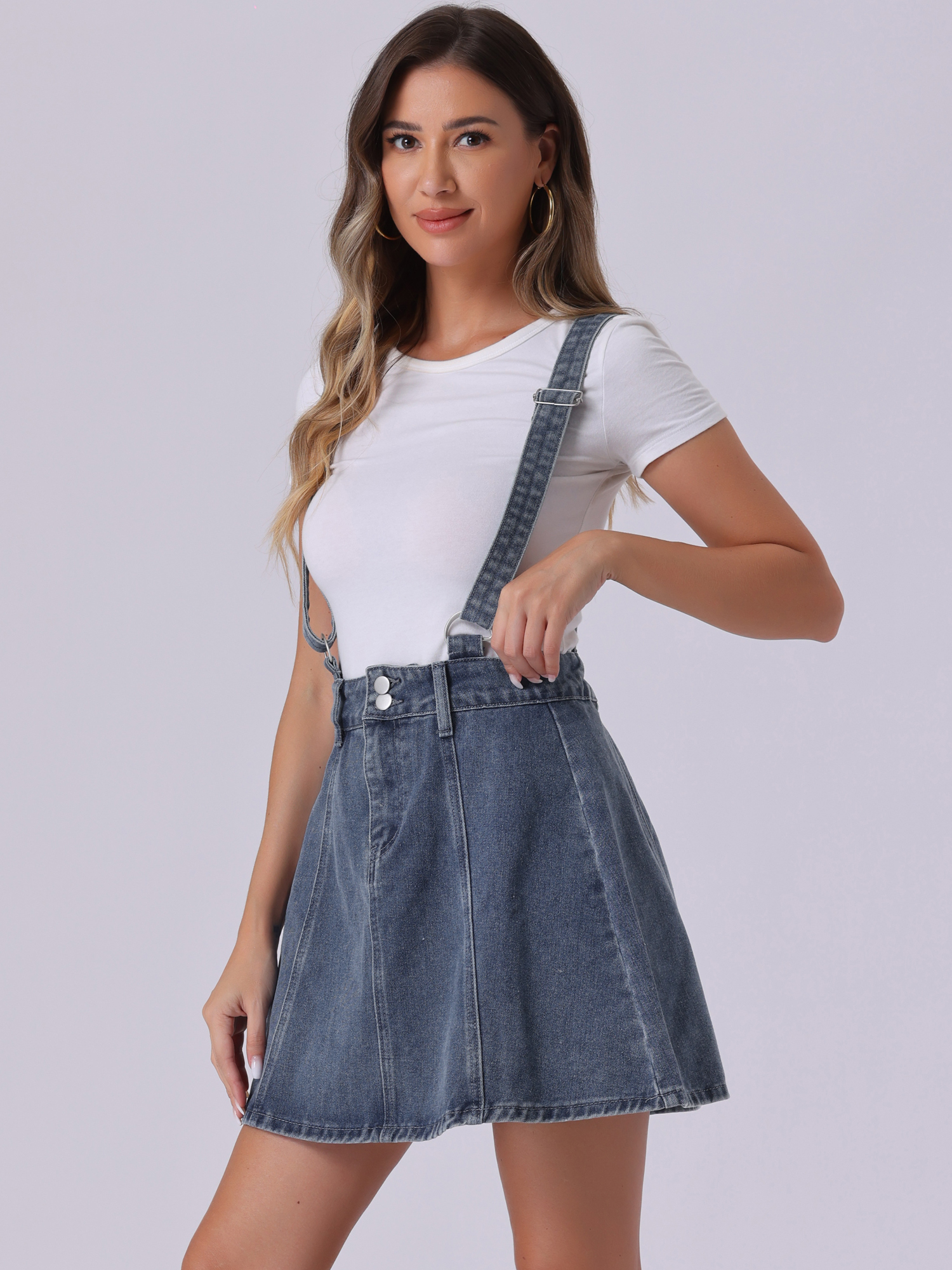Adjustable Strap Braces Mini Suspender Washed Overall Denim Skirt Retro Blue/XL
