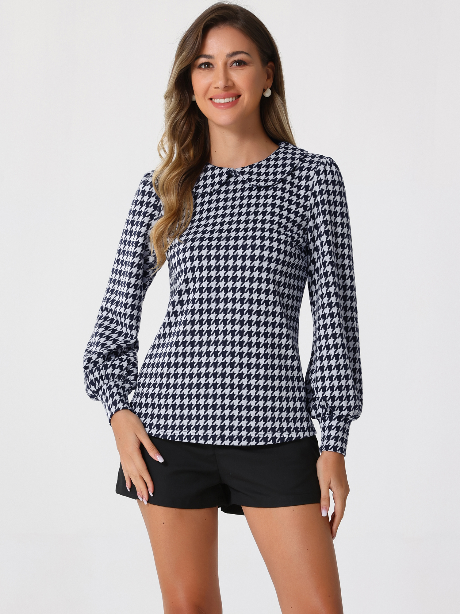 Peter Pan Collar Houndstooth Plaid Long Sleeve Button Back Blouse Navy Blue/M