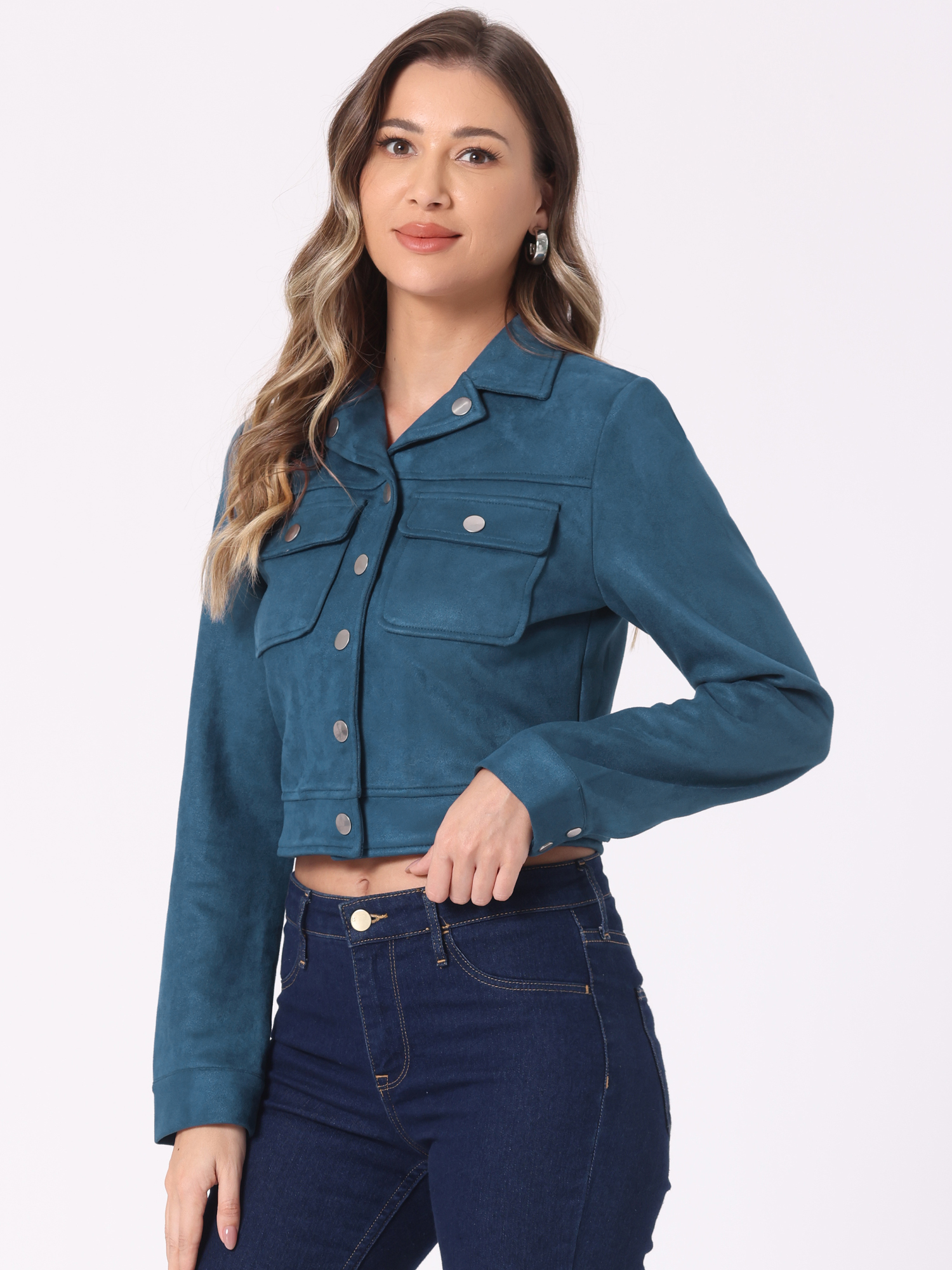 Faux Suede Jacket Button Down Collar Pockets Crop Moto Biker Coat Lake Blue/XS