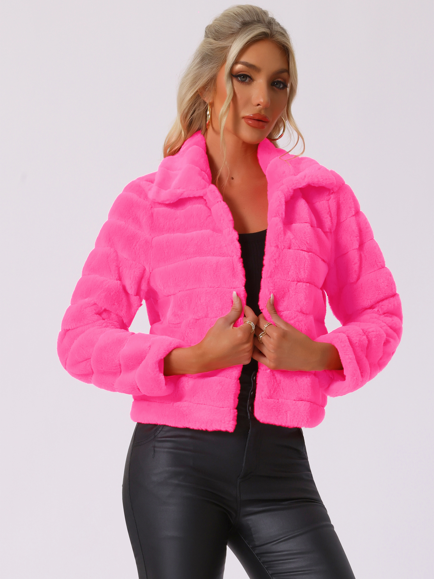 Fluffy Collar Warm Winter Cropped Faux Fur Coat Hot Pink/XS