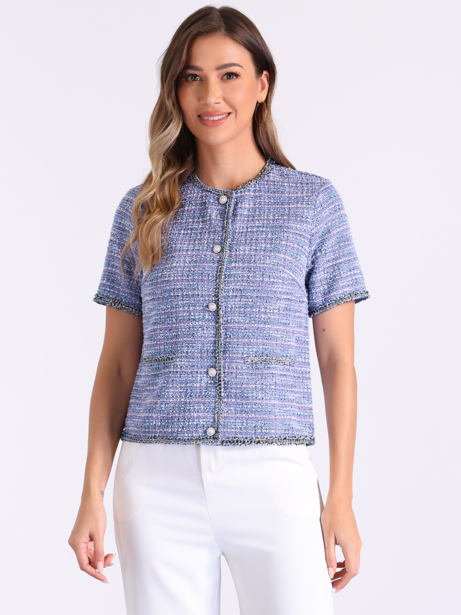 Tweed Plaid Round Neck Short Sleeve Blouse Blue Purple/XL