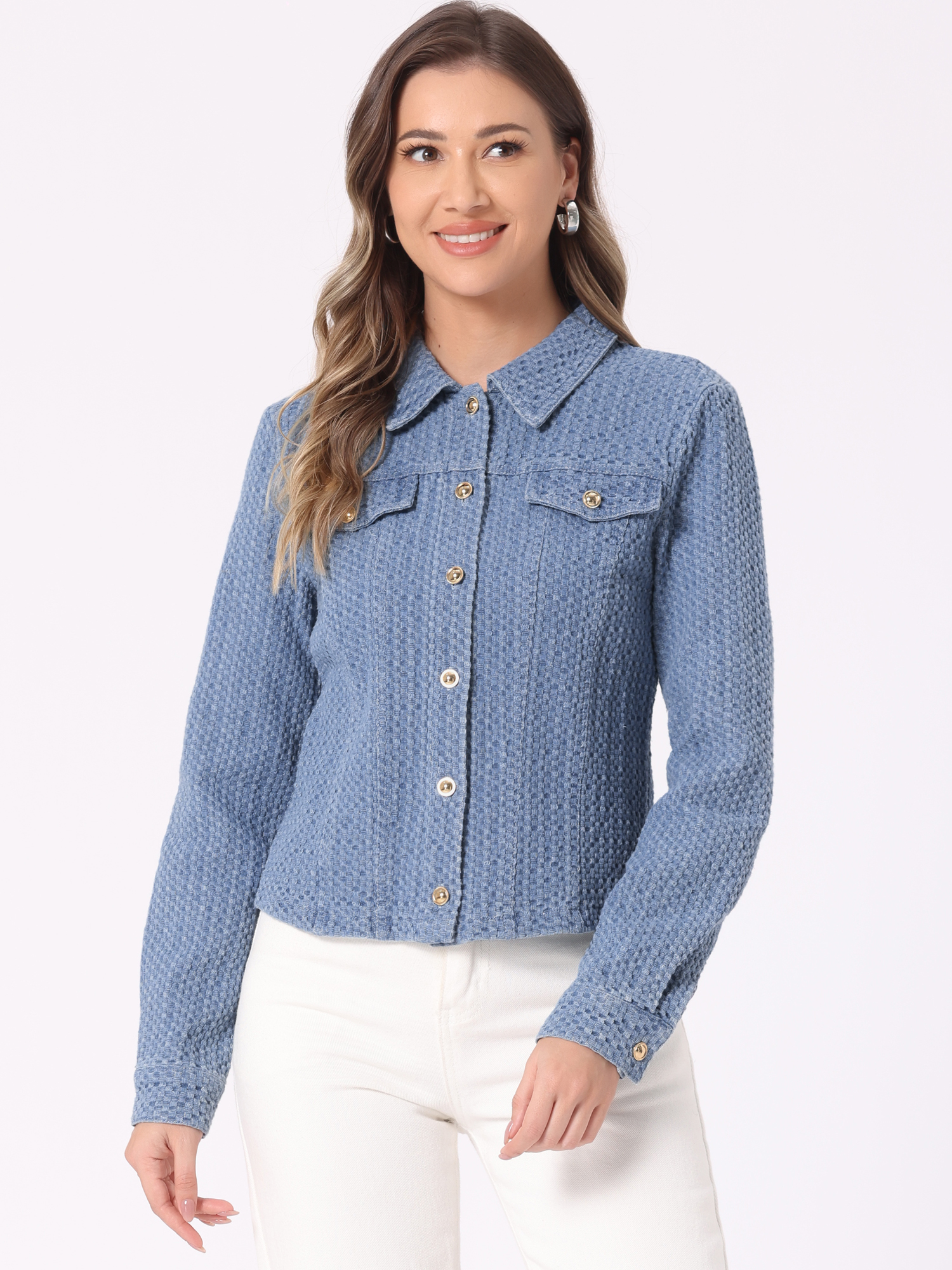 Button Up Long Sleeve Texture Washed Casual Denim Jacket Light Blue/L