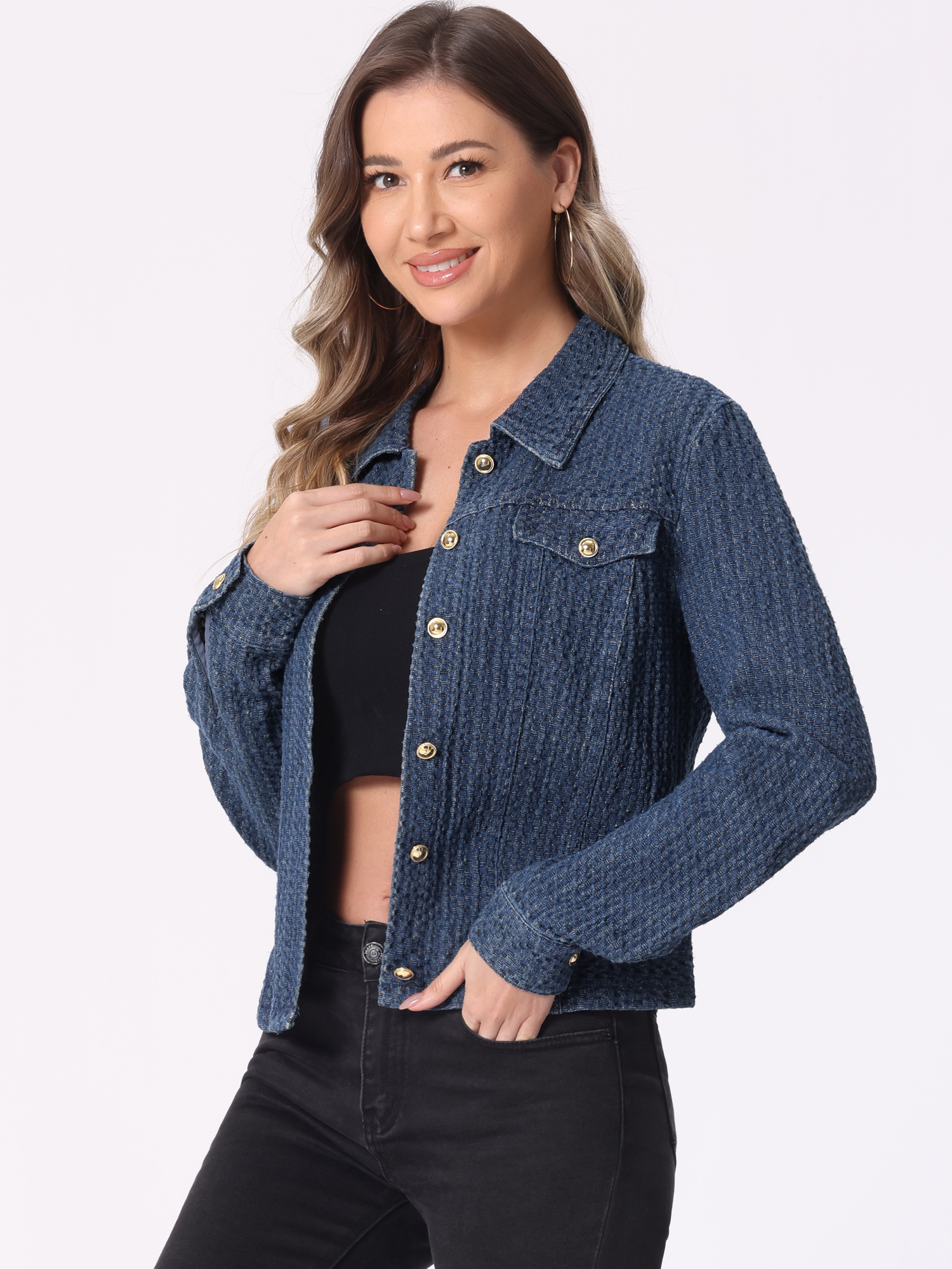 Button Up Long Sleeve Texture Washed Casual Denim Jacket Denim Blue/M