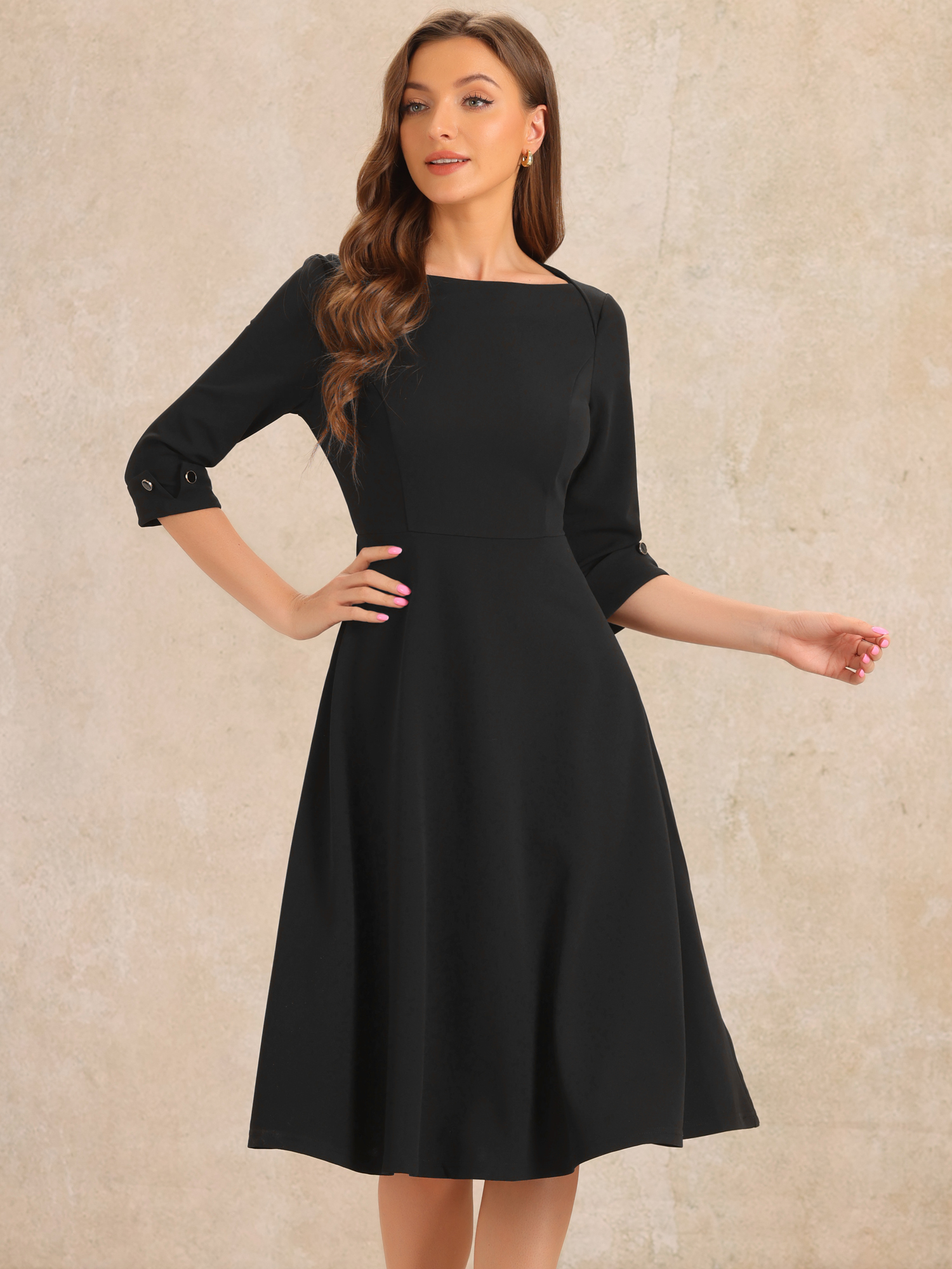 3/4 Sleeve Boat Neck Solid Color A-Line Midi Dress Black/M