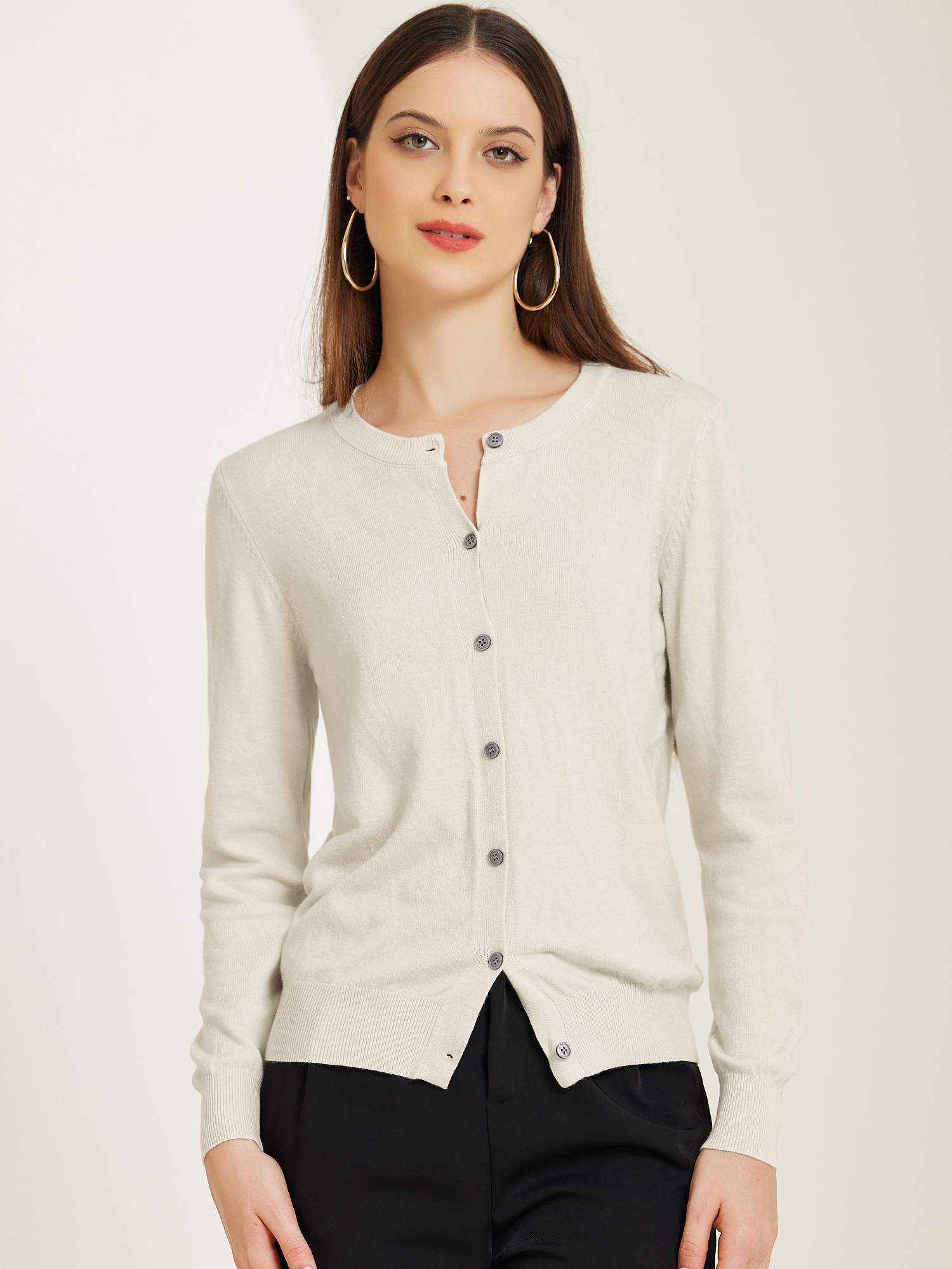 Lightweight Sweater Crew Neck Button Down Long Sleeve Cardigan Beige/L