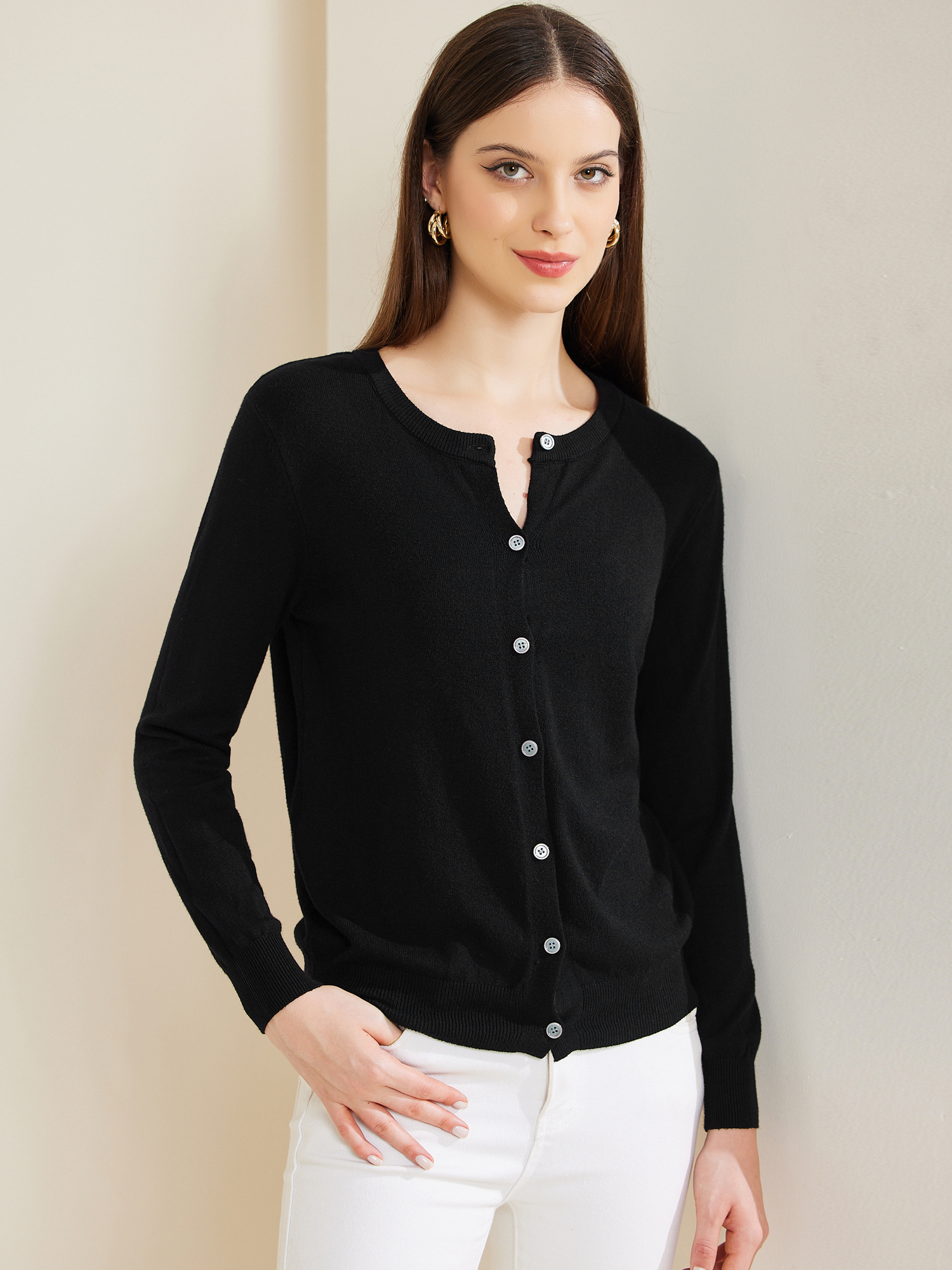 Lightweight Sweater Crew Neck Button Down Long Sleeve Cardigan Black/XL