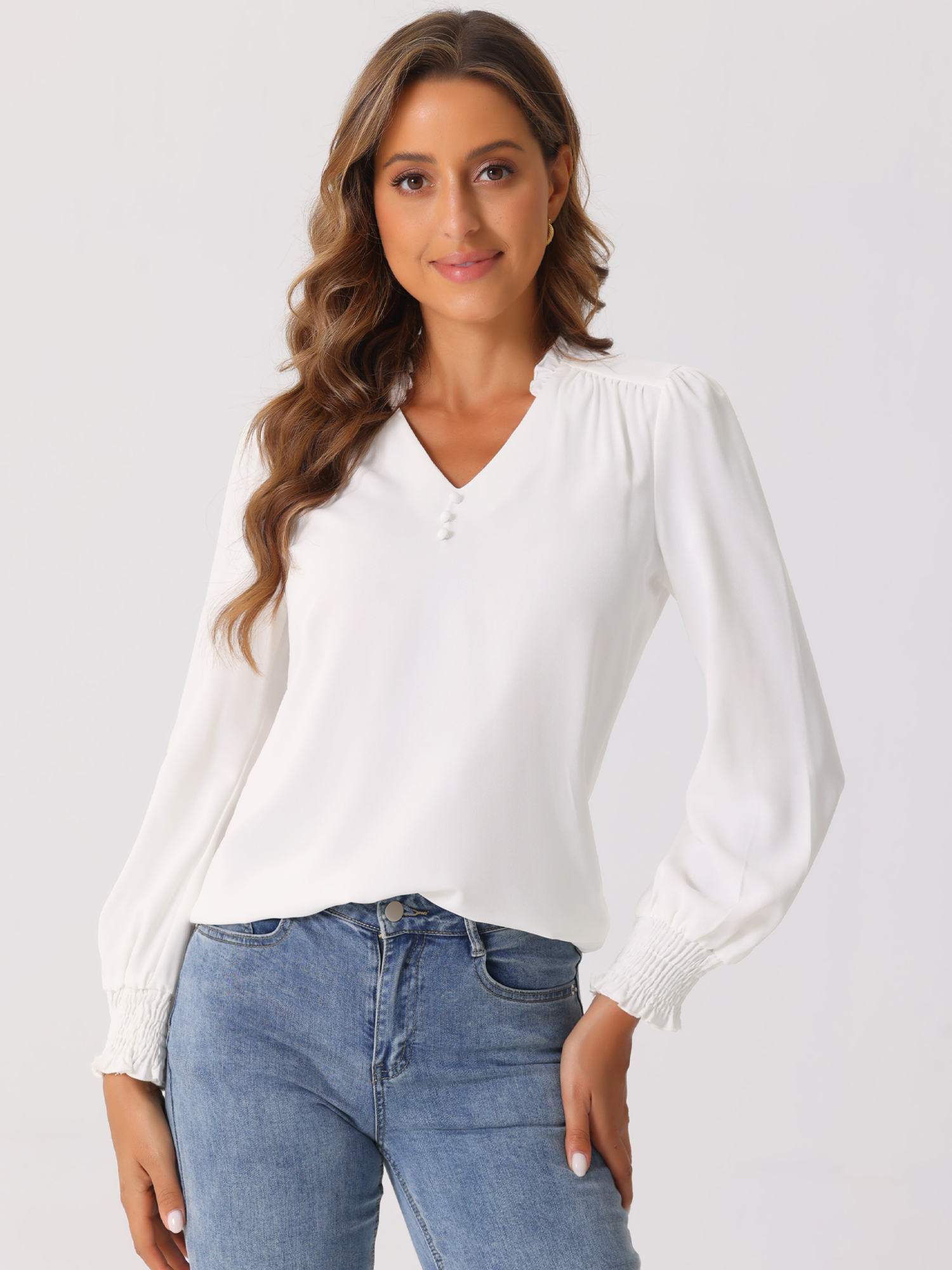 V Neck Ruffle Collar Puff Smock Long Sleeve Vintage Blouse White/XL