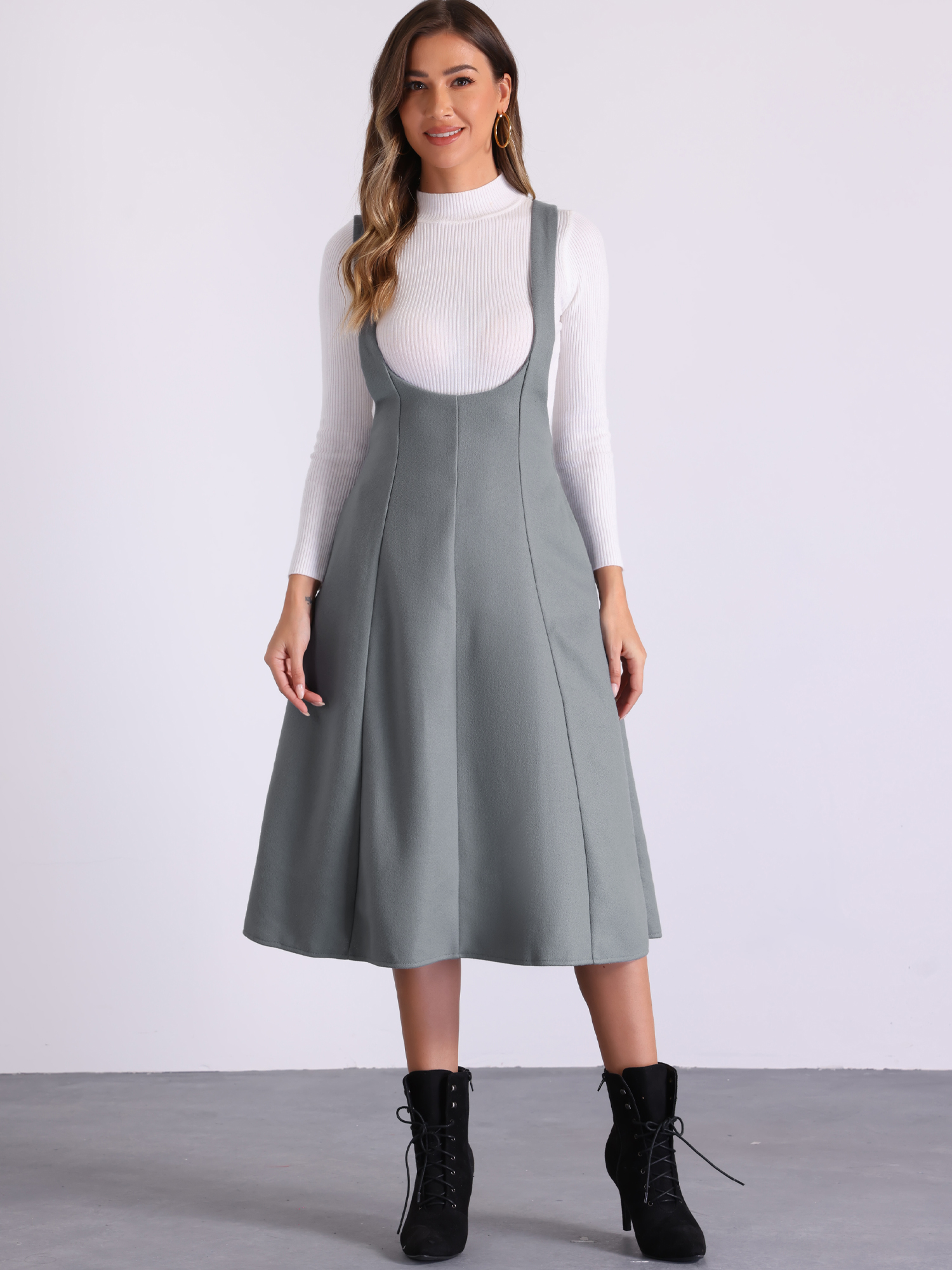 High Waist Cross Back Pocketed A-Line Midi Suspender Skirt Dark Grey/M
