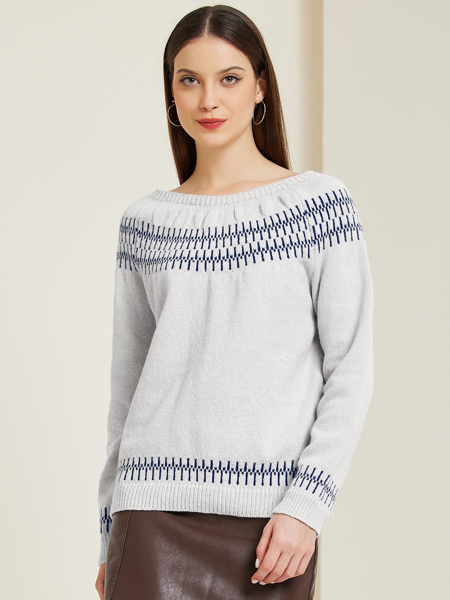 Long Sleeve Crew Neck Vintage Knitwear Pullover Sweater Grey/XL