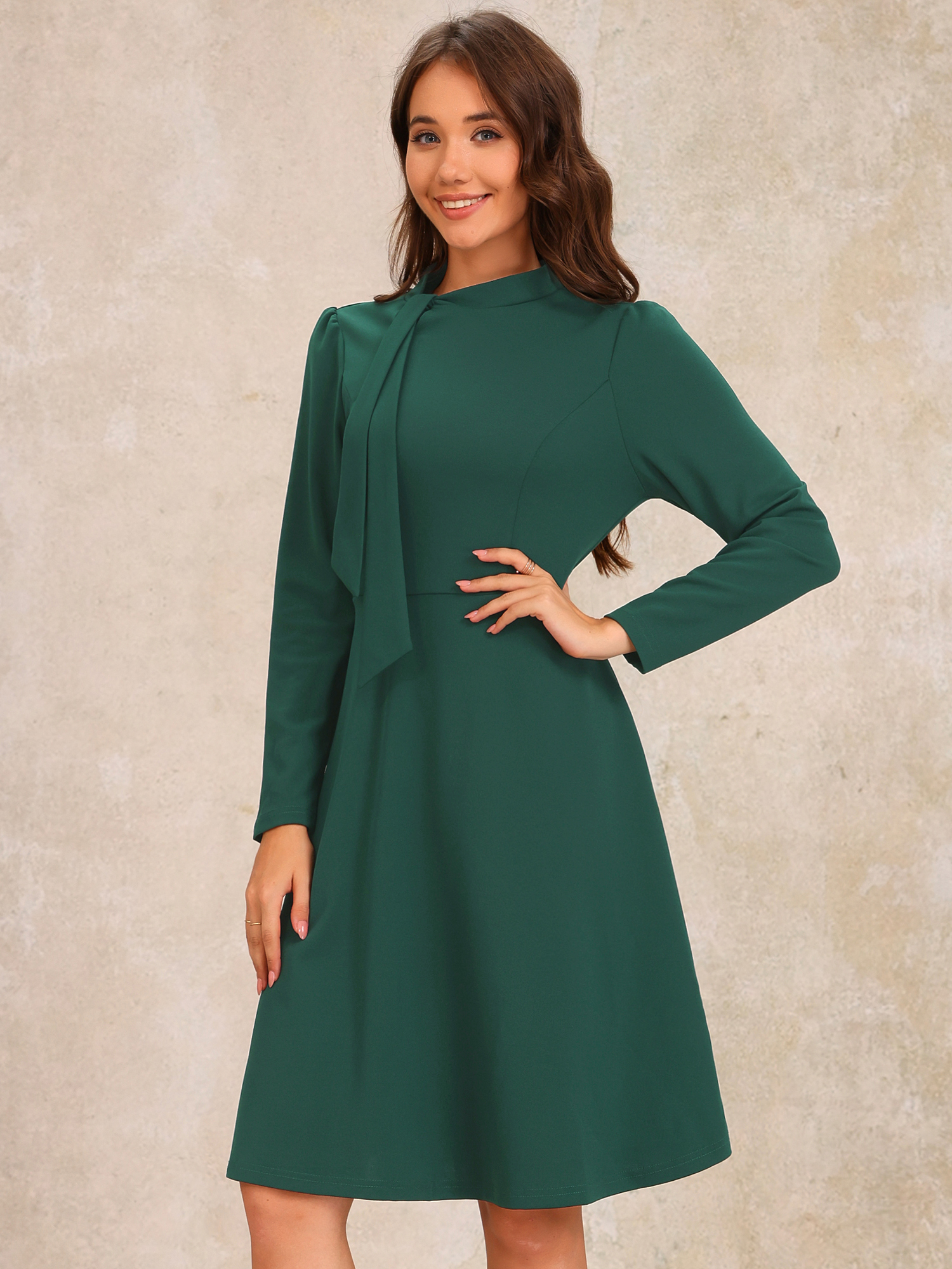 Tie Mock Neck Long Sleeves A-Line Midi Dress Dark Green/L
