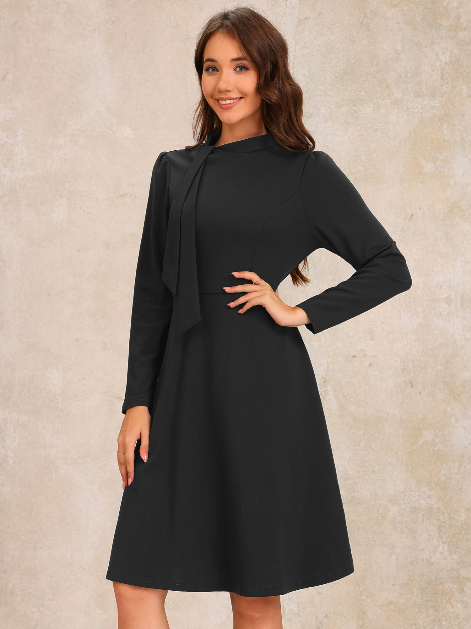 Tie Mock Neck Long Sleeves A-Line Midi Dress Black/XL