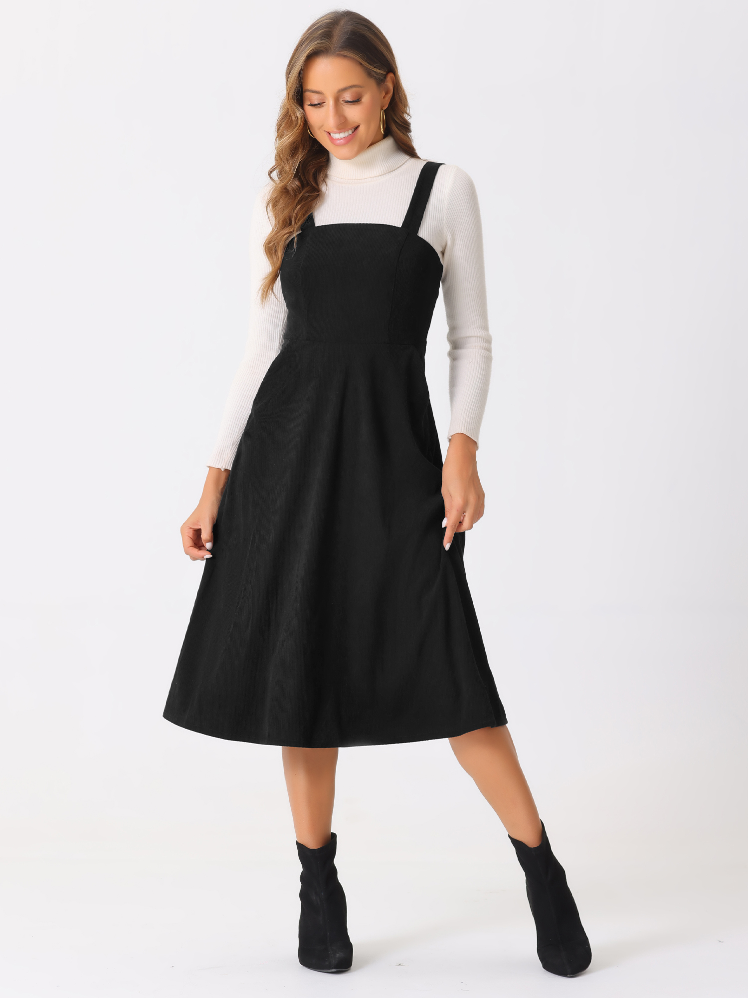 Corduroy Pockets A-Line Sleeveless Casual Midi Pinafore Dress Black/S