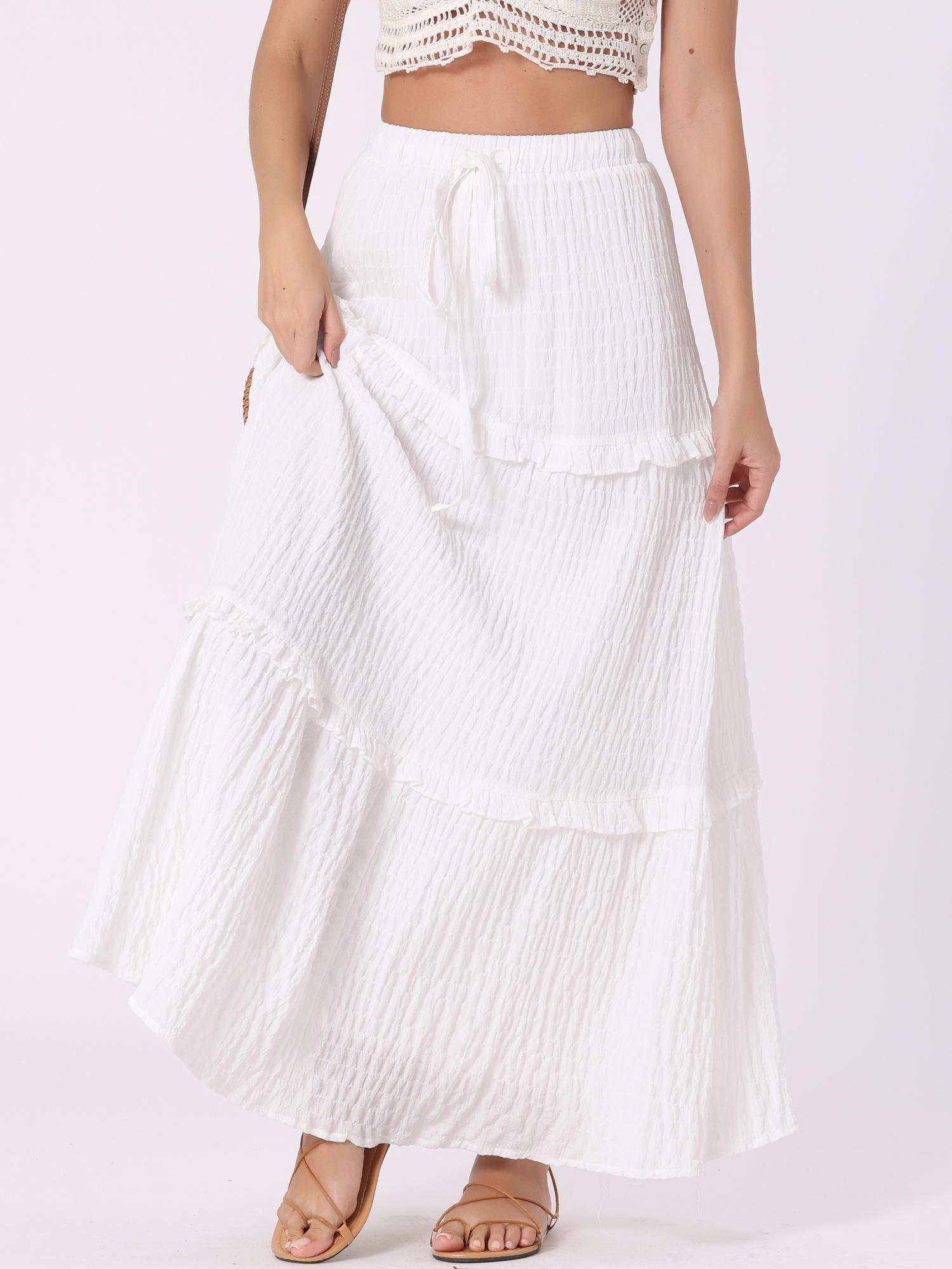 Tiered Belt Ruffle Lattice Texture Casual A-Line Maxi Skirt White/L