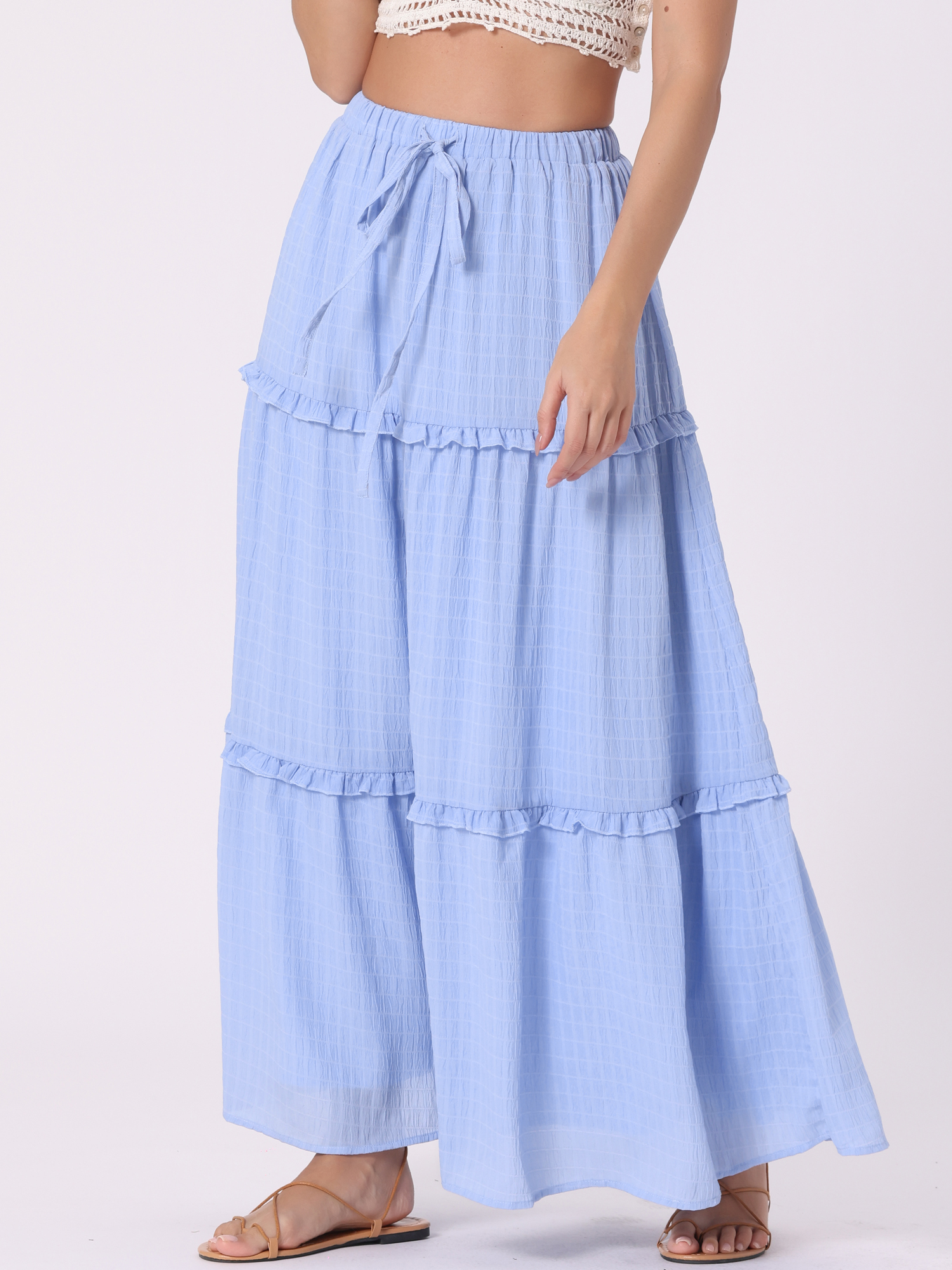 Tiered Belt Ruffle Lattice Texture Casual A-Line Maxi Skirt Light Blue/M