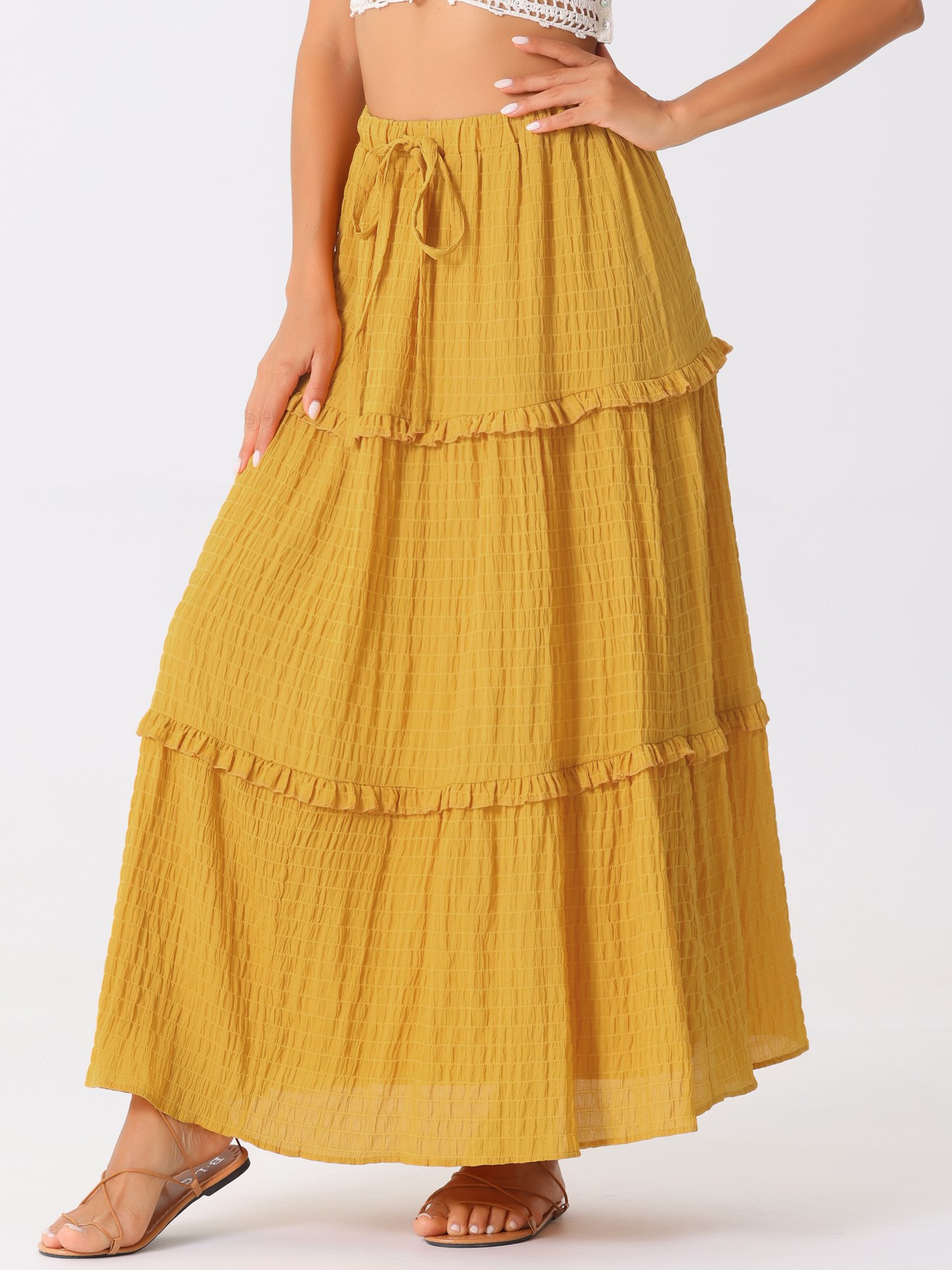 Tiered Belt Ruffle Lattice Texture Casual A-Line Maxi Skirt Yellow/XL