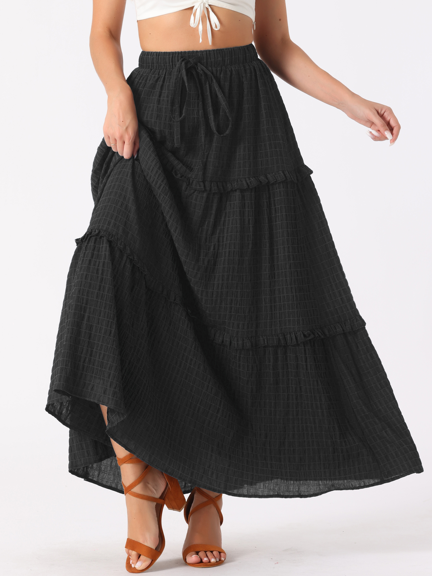Tiered Belt Ruffle Lattice Texture Casual A-Line Maxi Skirt Black/L