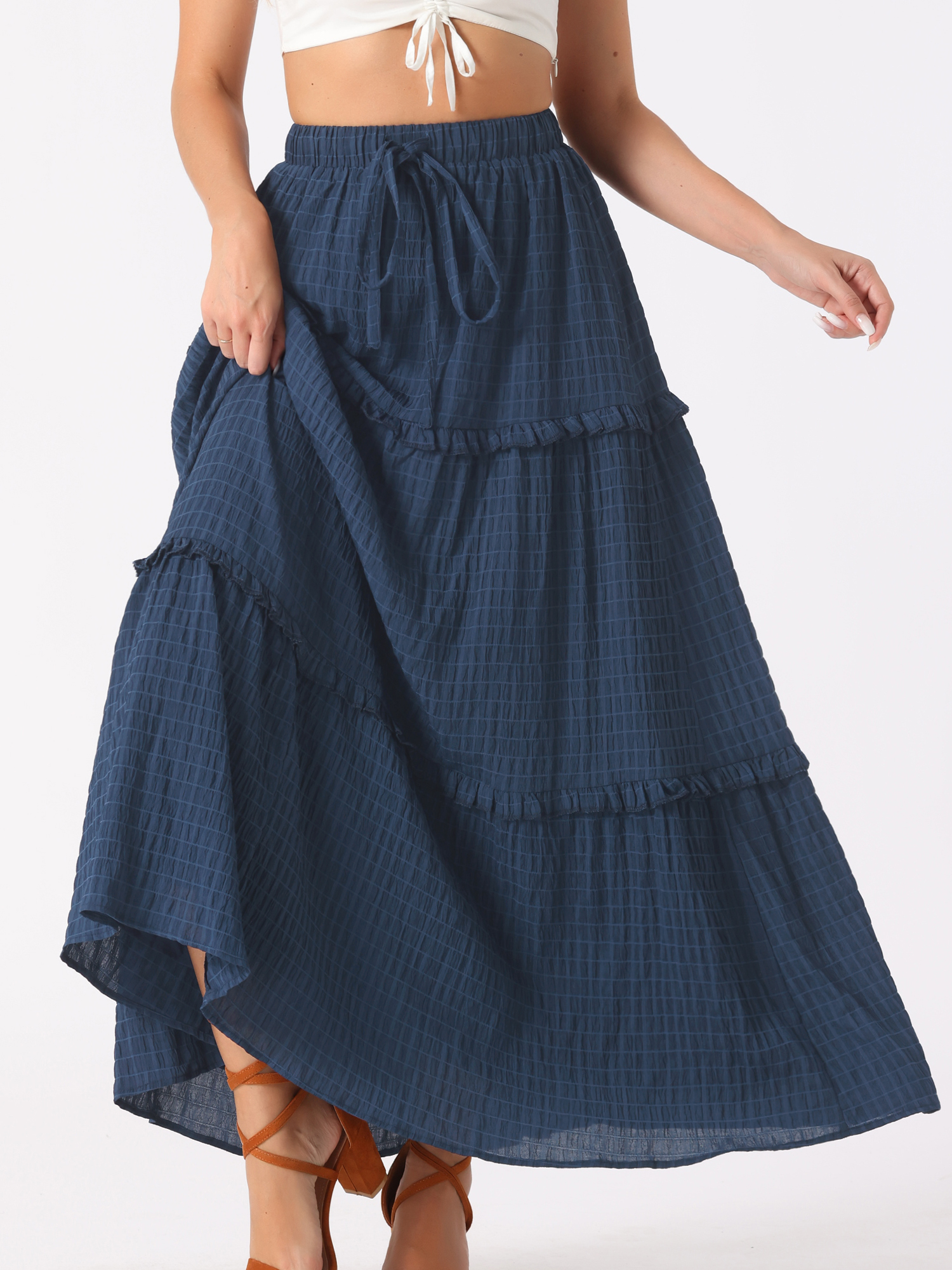 Tiered Belt Ruffle Lattice Texture Casual A-Line Maxi Skirt Dark Blue/XS