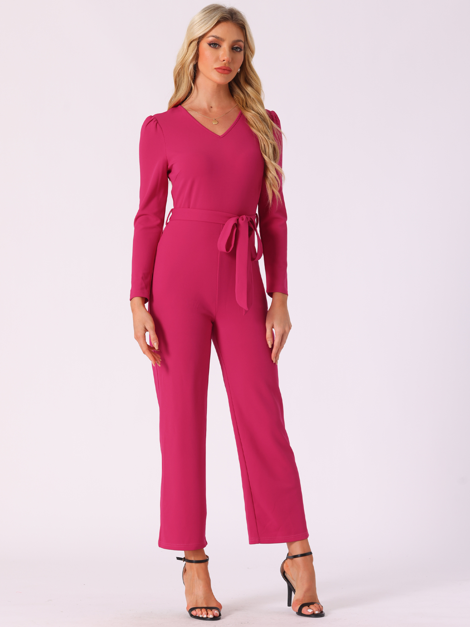 V Neck Long Sleeve Tie Waist Wide Leg Knit Jumpsuits Hot Pink/S