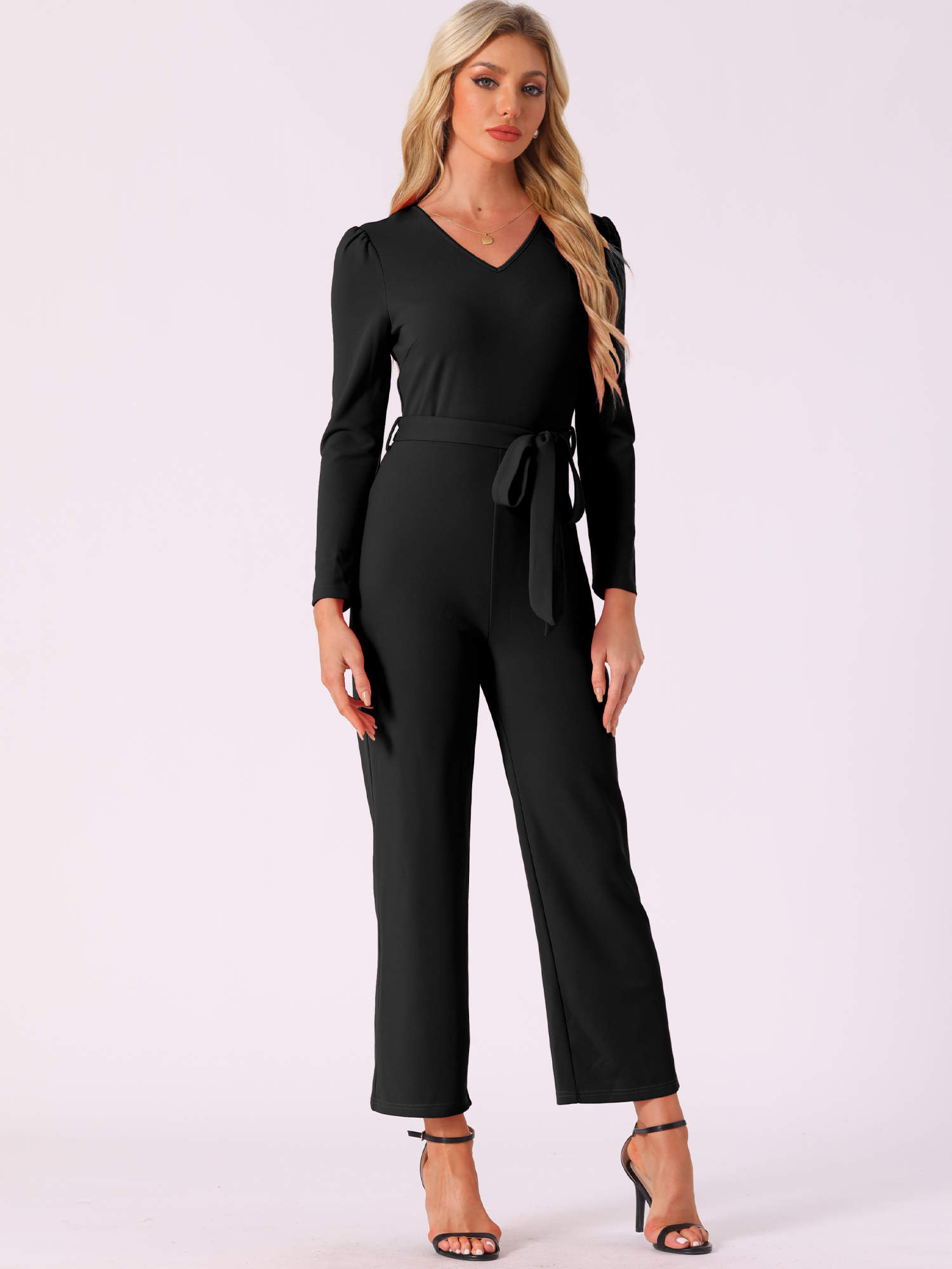 V Neck Long Sleeve Tie Waist Wide Leg Knit Jumpsuits Black/L