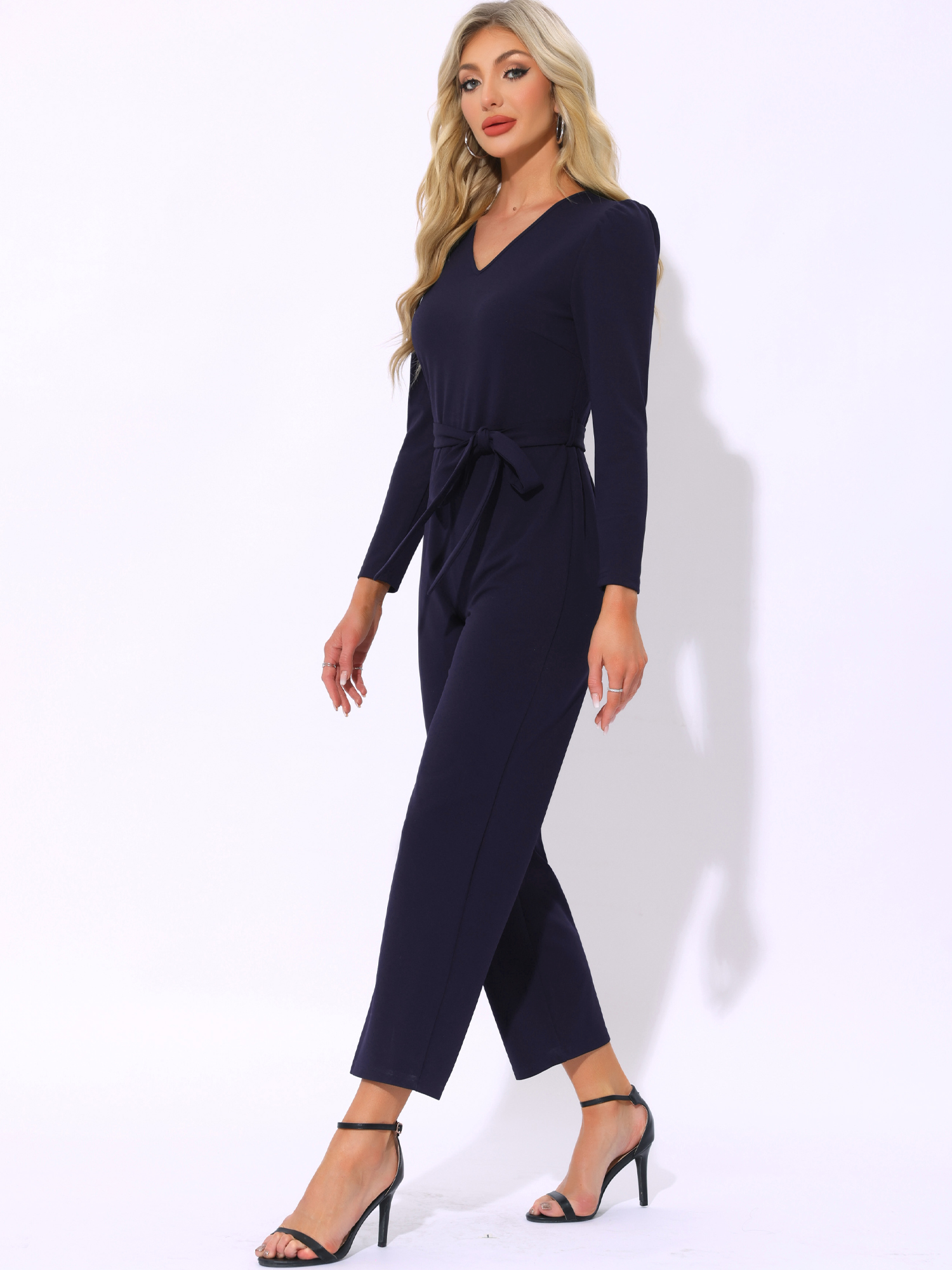 V Neck Long Sleeve Tie Waist Wide Leg Knit Jumpsuits Dark Blue/S