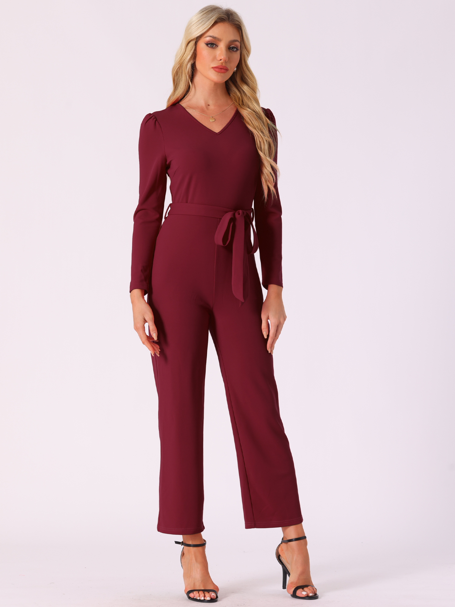 V Neck Long Sleeve Tie Waist Wide Leg Knit Jumpsuits Wine Red/L